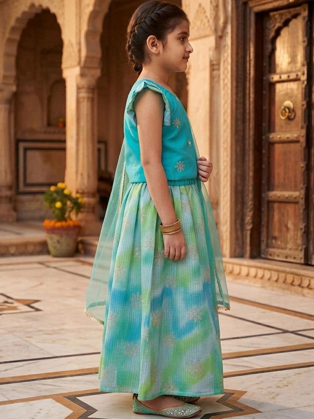 Here&Now X Kinder Kids Girls Embroidered Ready to Wear Lehenga & Blouse With Dupatta thumbnail 3