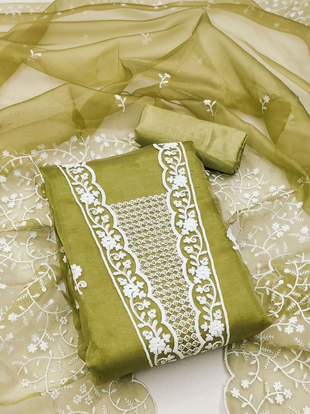 HERE&NOW Embroidered Organza Semi-Stitched Dress Material thumbnail 4