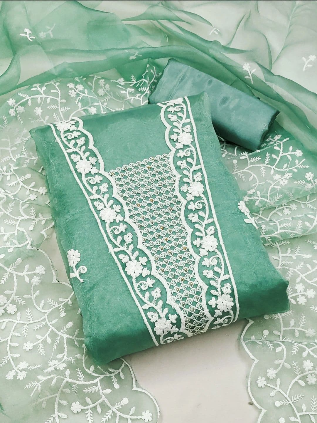 HERE&NOW Embroidered Organza Semi-Stitched Dress Material thumbnail 2