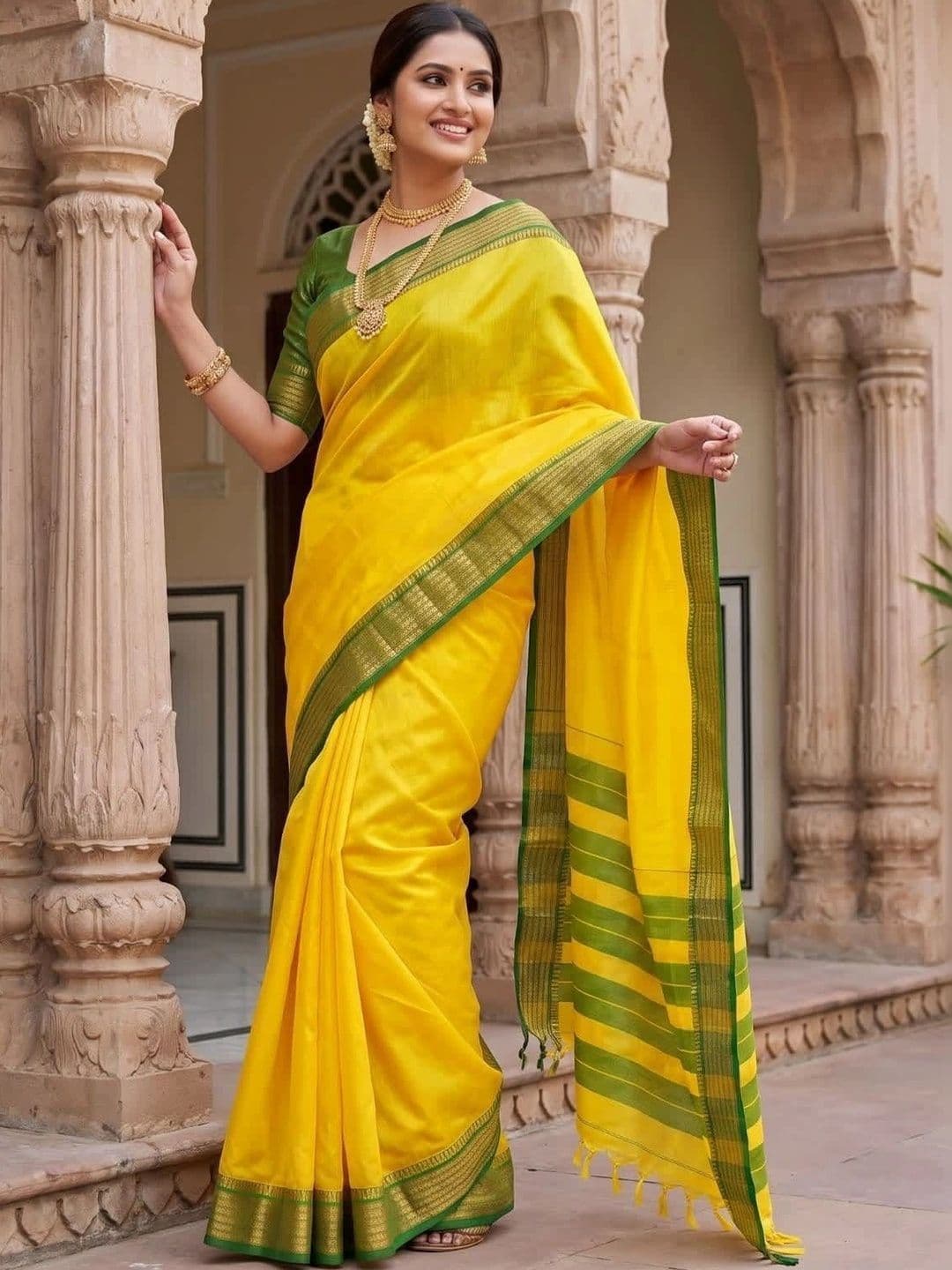 SPEEDY INDIAN Striped Zari Silk Cotton Handloom Chanderi Saree thumbnail 4