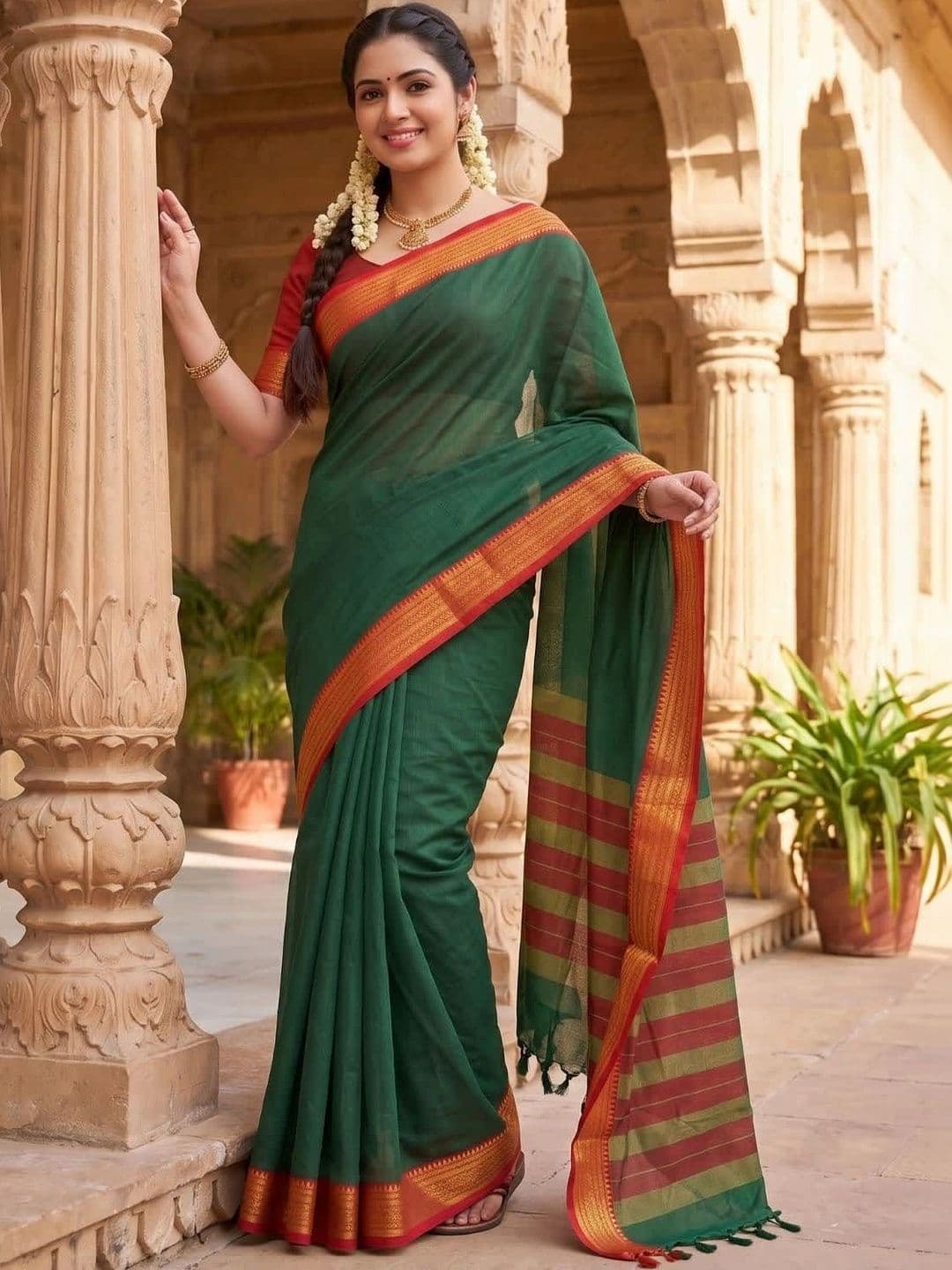 SPEEDY INDIAN Striped Zari Silk Cotton Handloom Chanderi Saree thumbnail 4