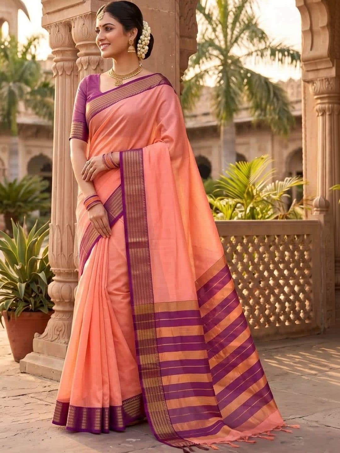 SPEEDY INDIAN Striped Zari Silk Cotton Handloom Chanderi Saree thumbnail 4