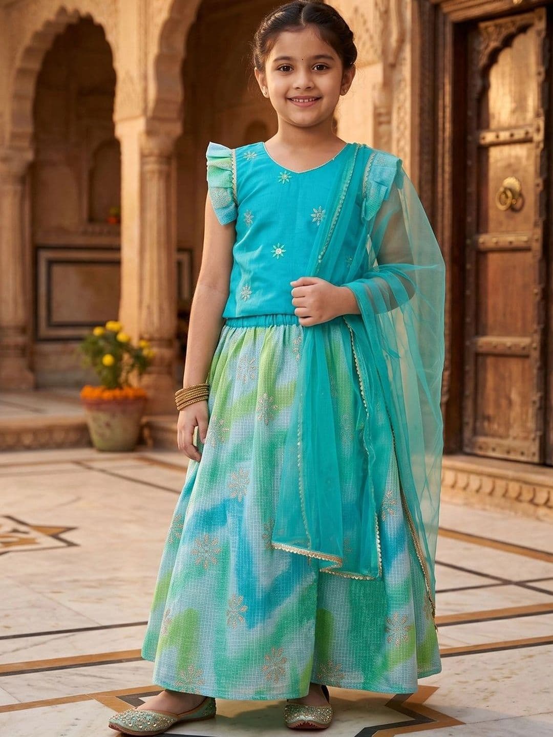 Here&Now X Kinder Kids Girls Embroidered Ready to Wear Lehenga & Blouse With Dupatta - view 1
