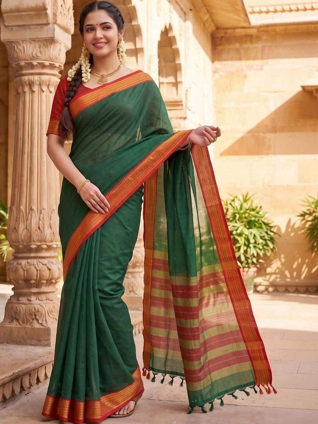 SPEEDY INDIAN Striped Zari Silk Cotton Handloom Chanderi Saree thumbnail 3