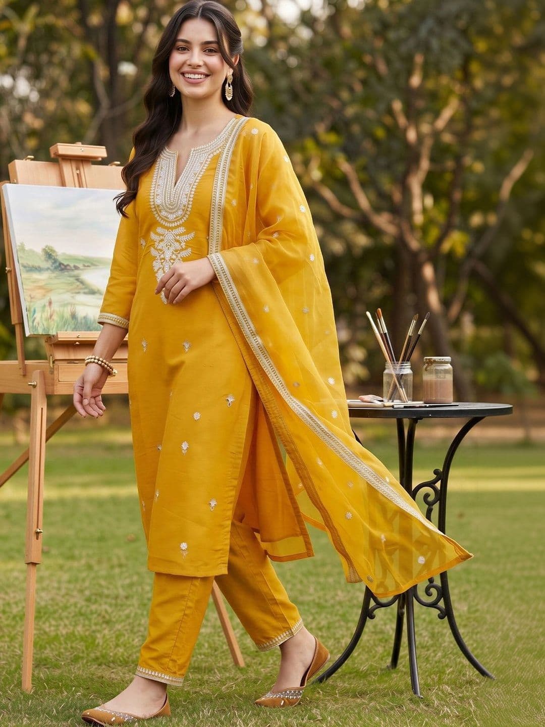 Indo Era Women Ethnic Motifs Embroidered Regular Thread Work Kurta with Trousers & With Dupatta thumbnail 2