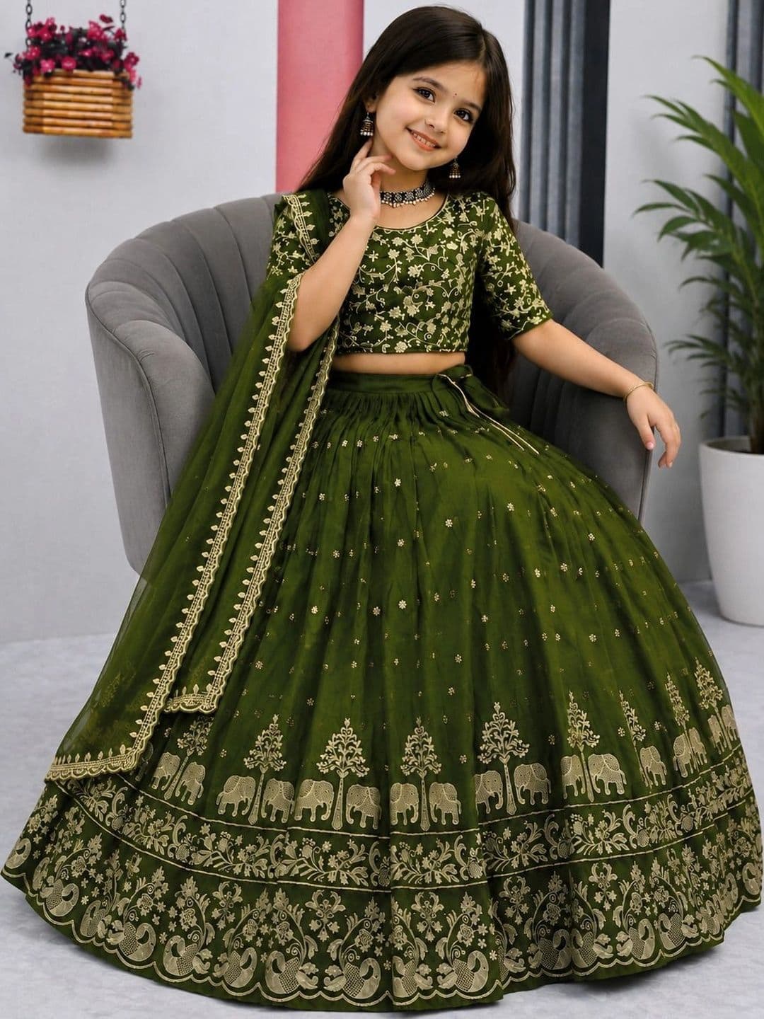 DEVANGI VASTRA Girls Embroidered Thread Work Ready to Wear Lehenga & Unstitched Blouse With Dupatta thumbnail 4