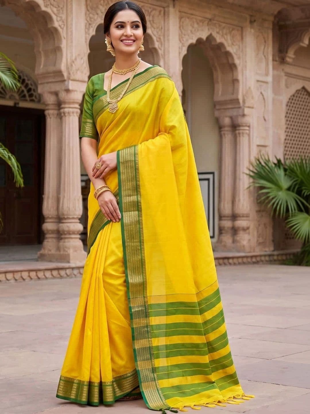 SPEEDY INDIAN Striped Zari Silk Cotton Handloom Chanderi Saree thumbnail 2