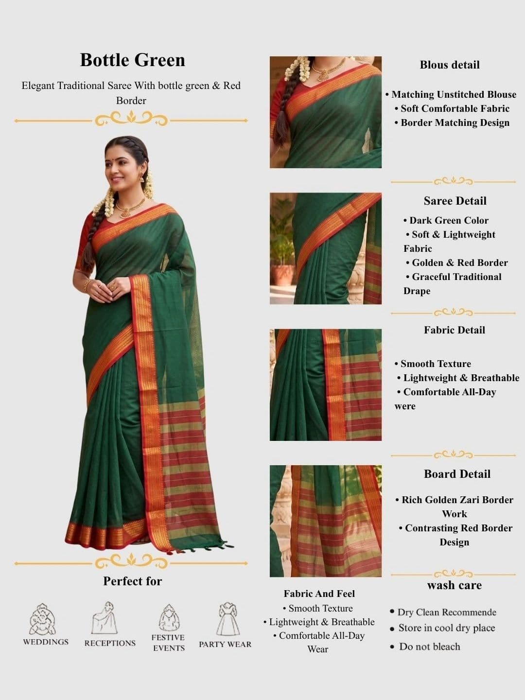 SPEEDY INDIAN Striped Zari Silk Cotton Handloom Chanderi Saree thumbnail 2