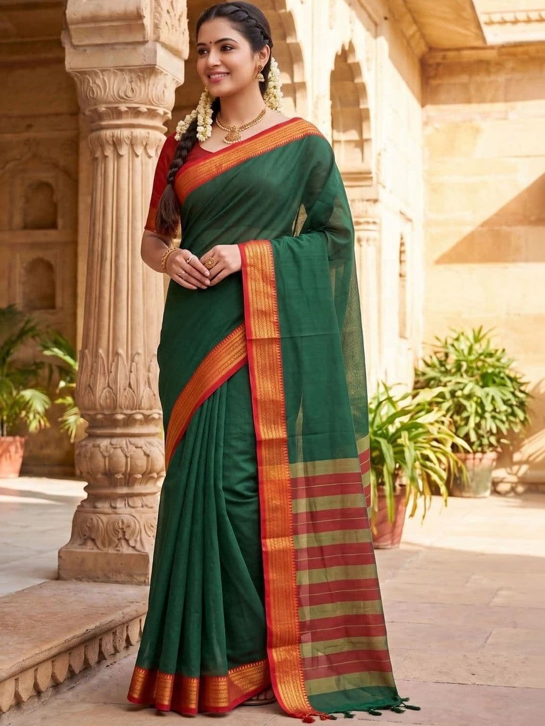 SPEEDY INDIAN Striped Zari Silk Cotton Handloom Chanderi Saree thumbnail 5