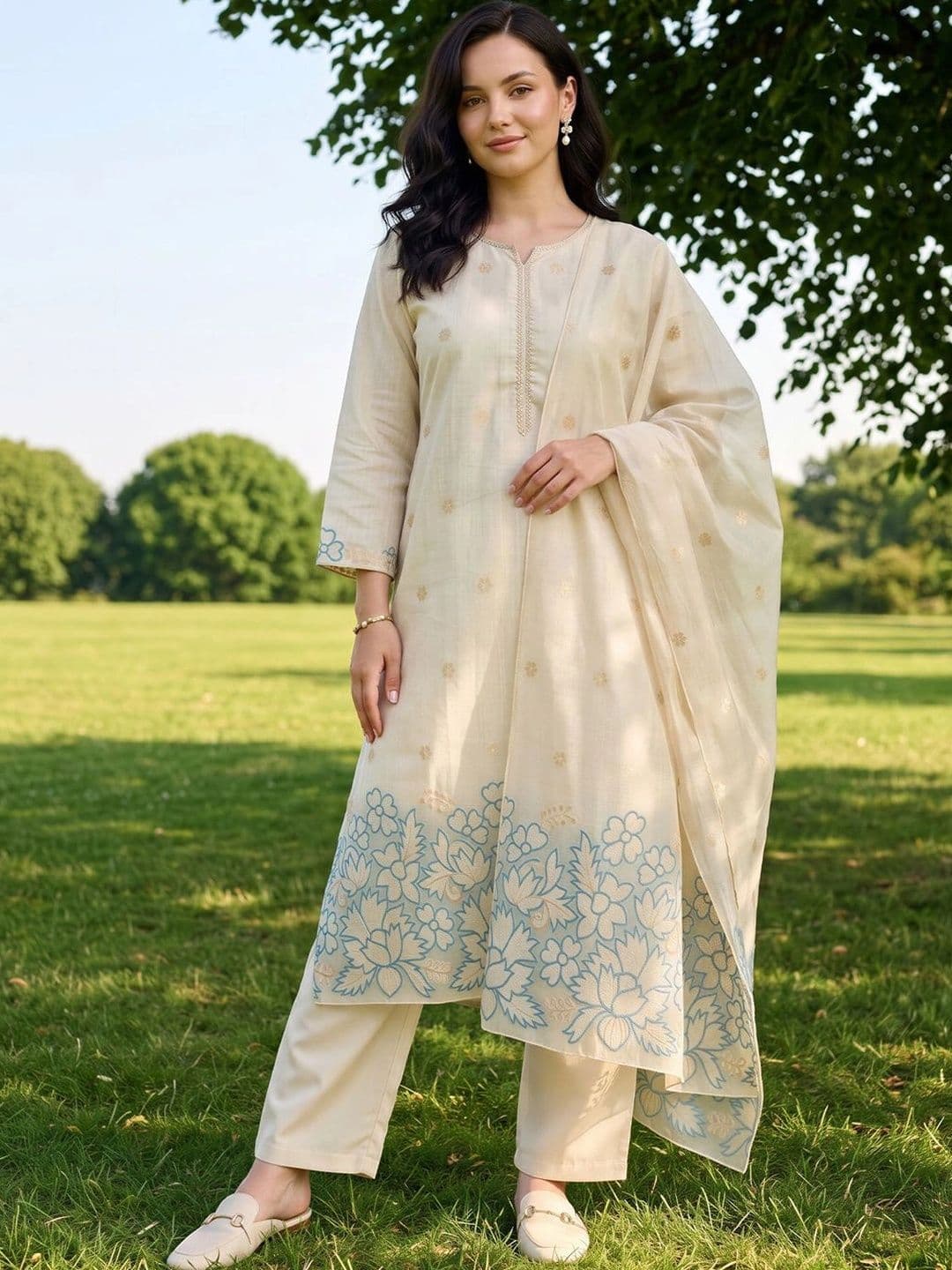 Indo Era Women Ethnic Motifs Embroidered Regular Thread Work Kurta with Trousers & With Dupatta thumbnail 3