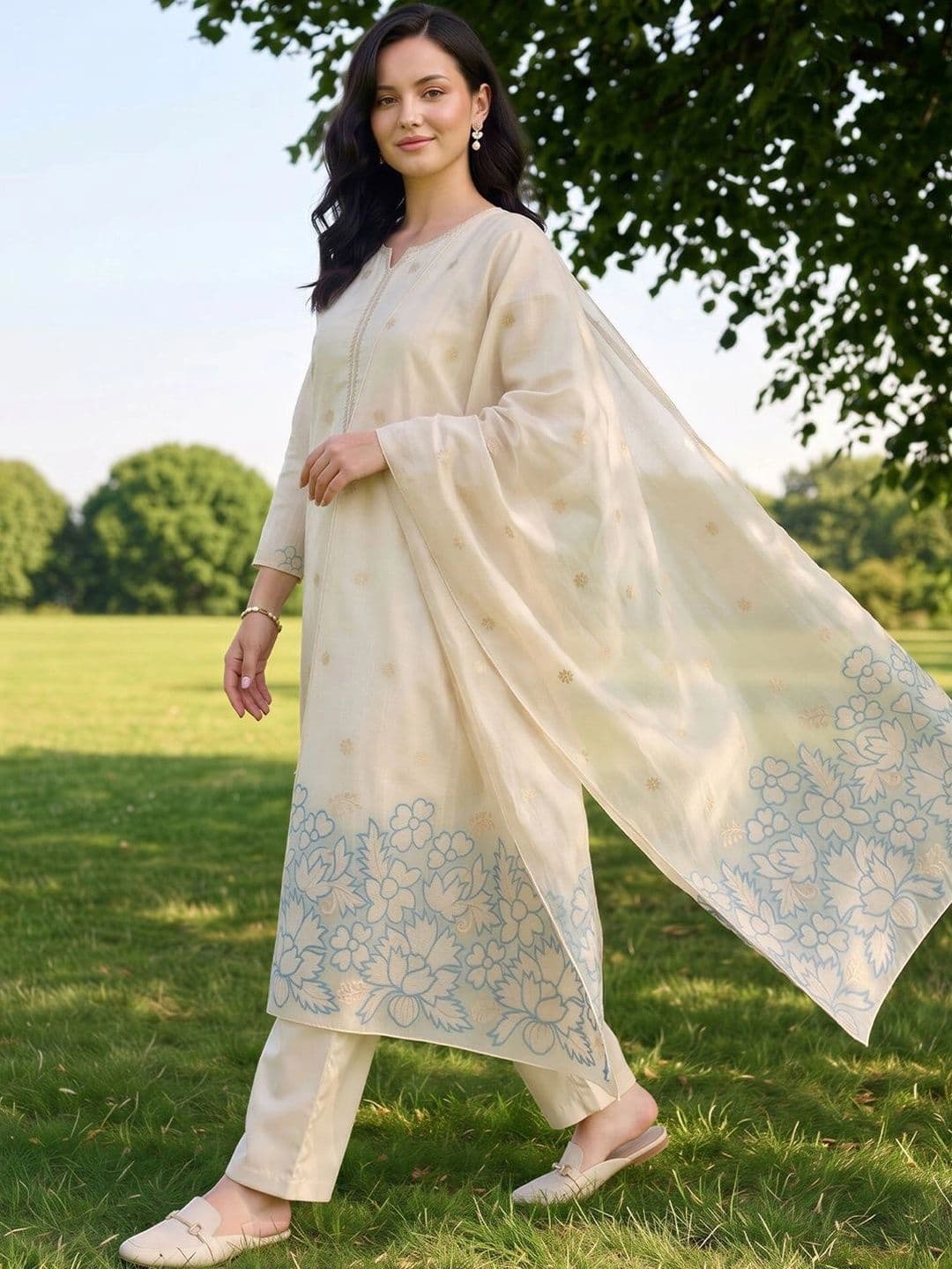 Indo Era Women Ethnic Motifs Embroidered Regular Thread Work Kurta with Trousers & With Dupatta thumbnail 4
