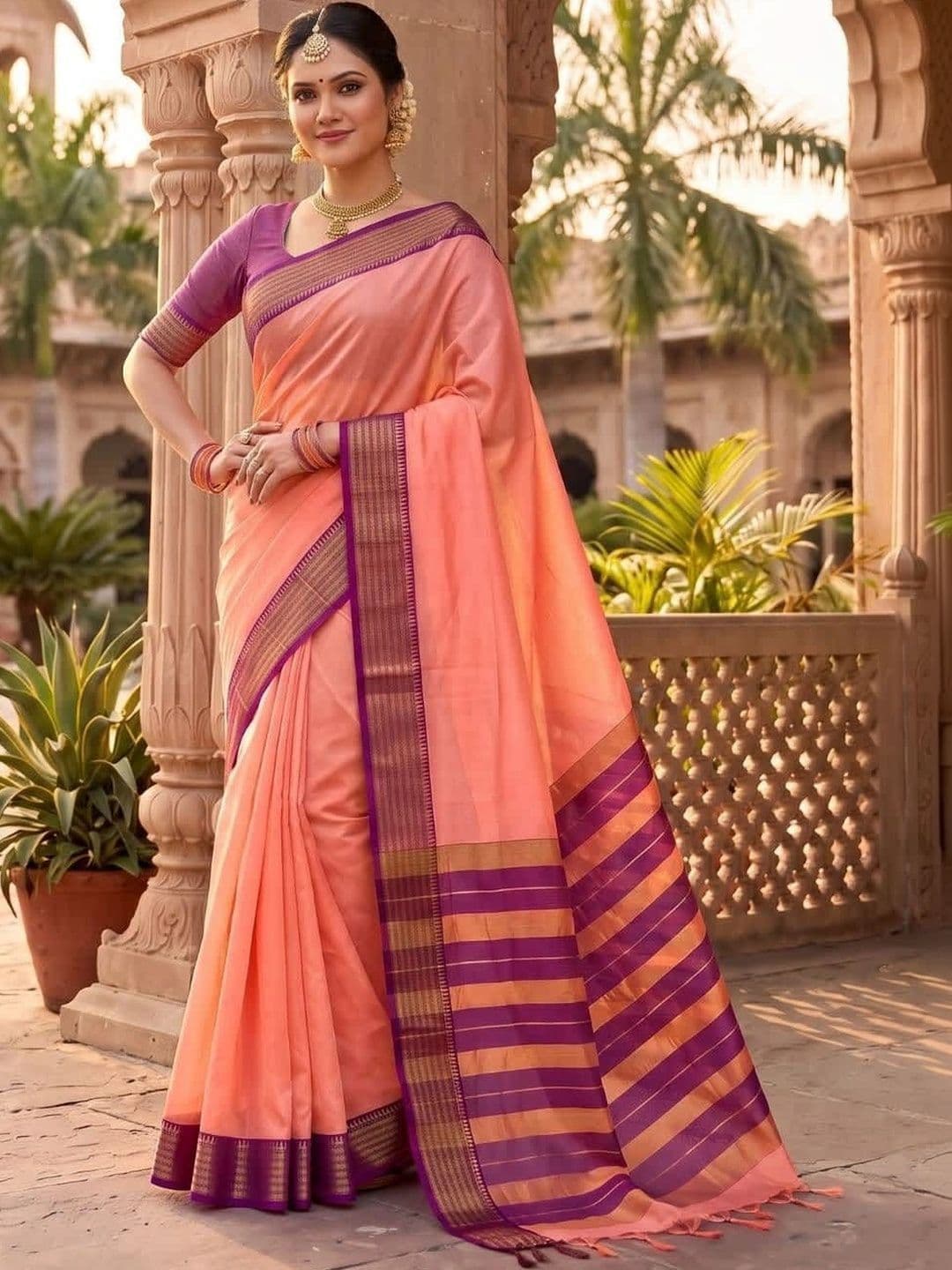 SPEEDY INDIAN Striped Zari Silk Cotton Handloom Chanderi Saree thumbnail 3