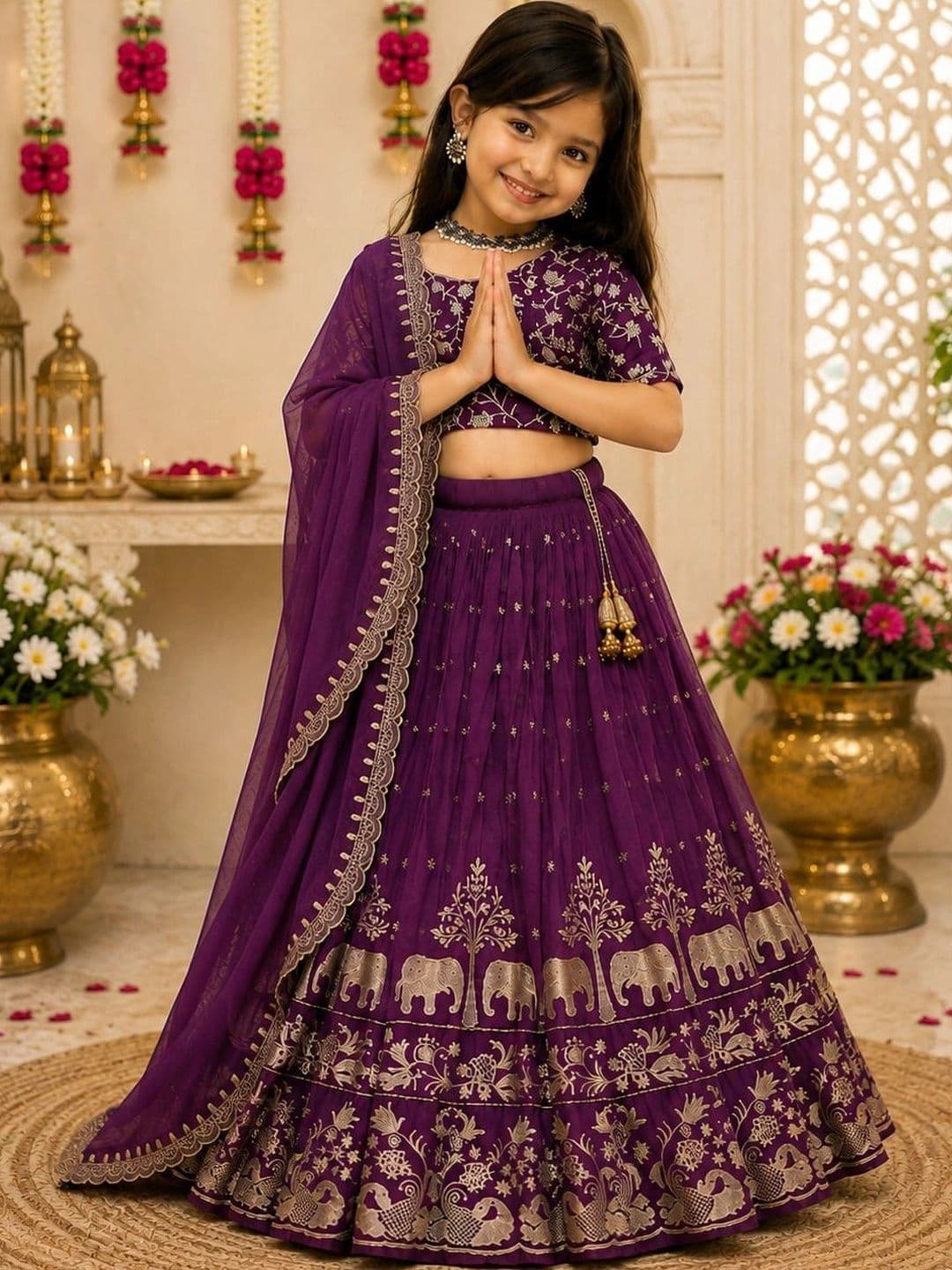 DEVANGI VASTRA Girls Embroidered Thread Work Ready to Wear Lehenga & Unstitched Blouse With Dupatta thumbnail 5