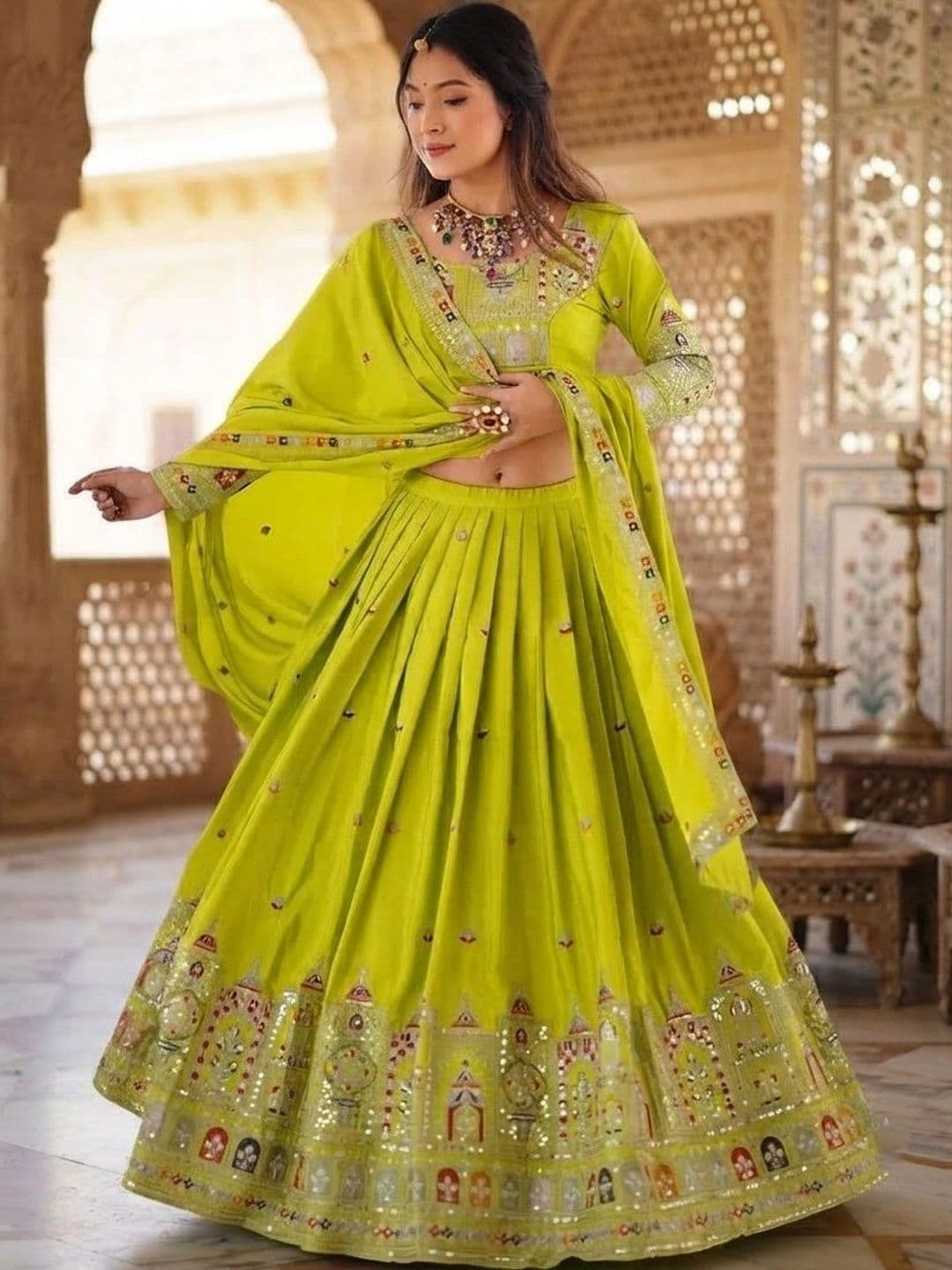 Anouk Embellished Mirror Work Semi-Stitched Lehenga & Blouse With Dupatta - view 1