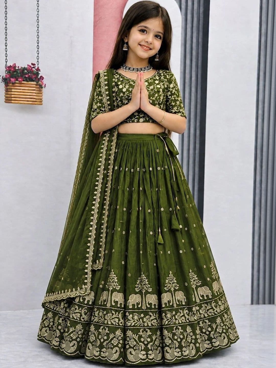 DEVANGI VASTRA Girls Embroidered Thread Work Ready to Wear Lehenga & Unstitched Blouse With Dupatta thumbnail 6