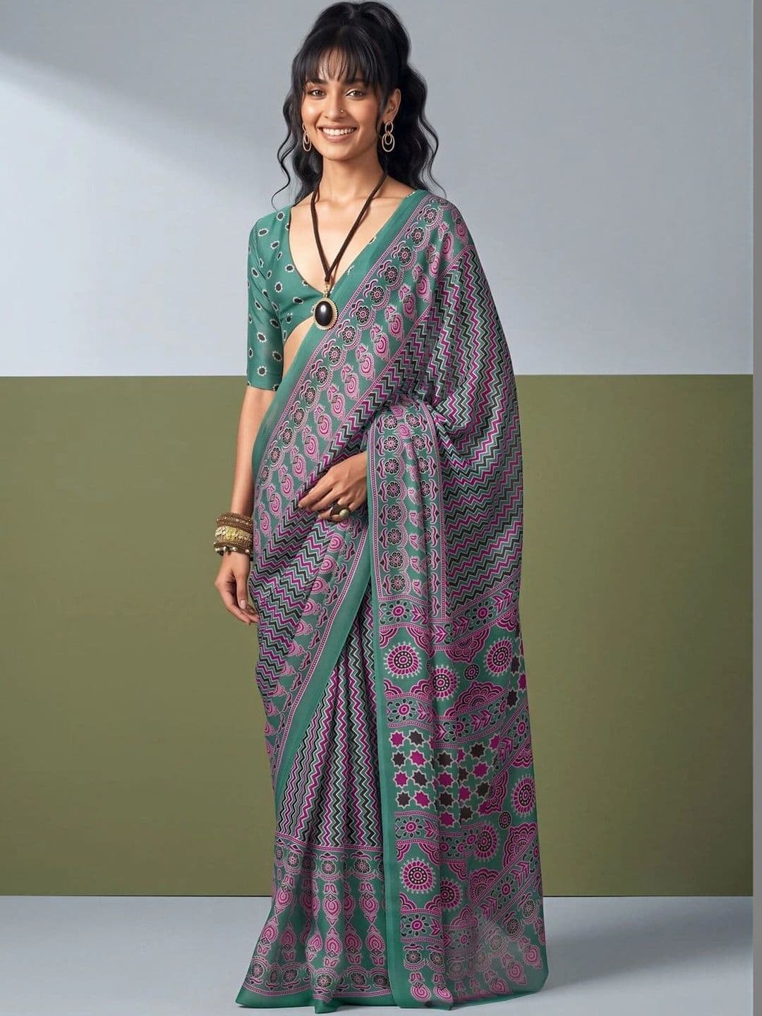 KALINI Floral Satin Designer Block Print Saree - view 1