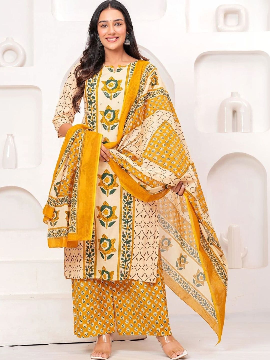 Anouk Women Floral Printed Regular Pure Cotton Kurta with Palazzos & With Dupatta thumbnail 2