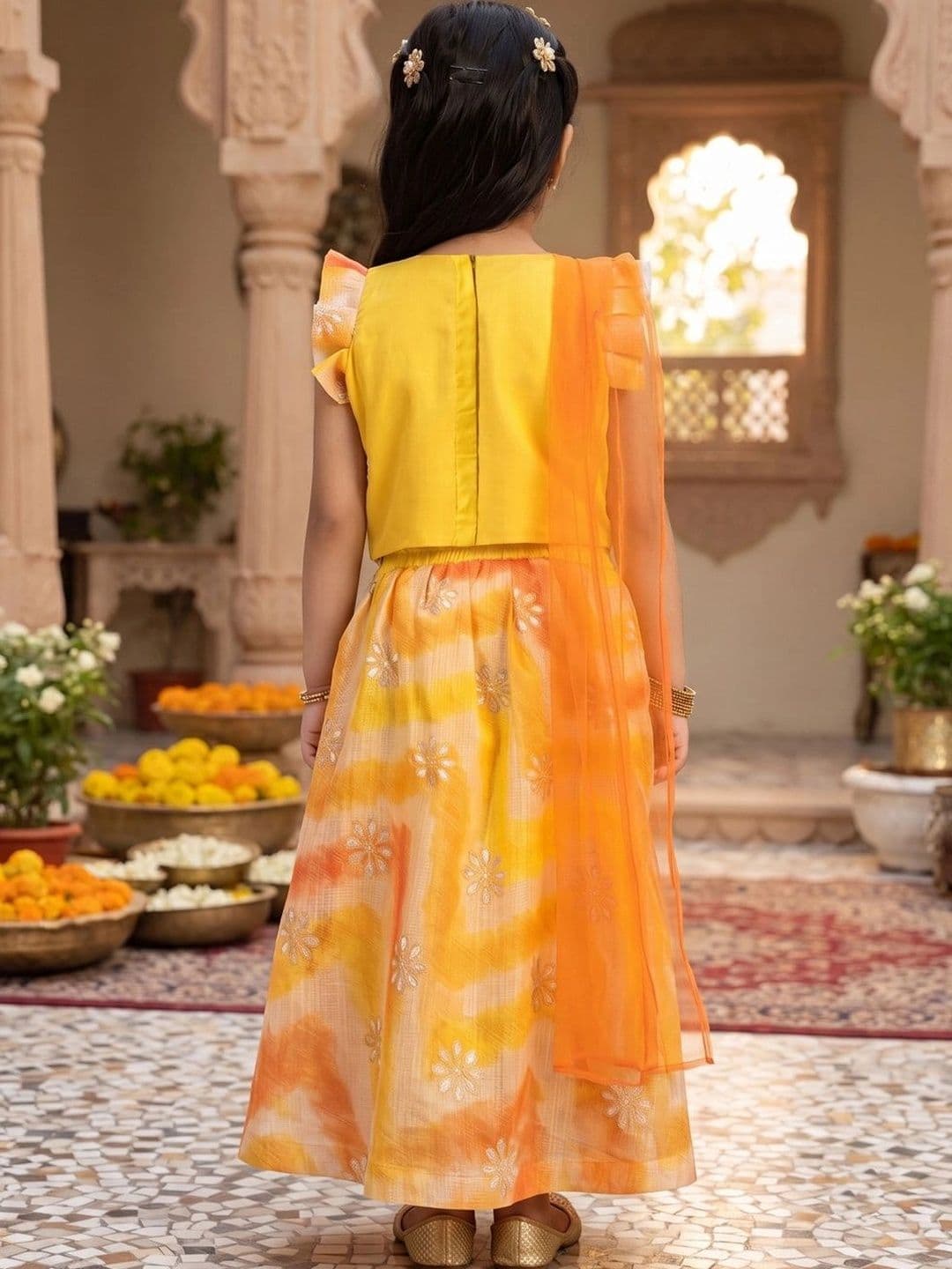Here&Now X Kinder Kids Girls Yellow & Orange Embroidered Ready to Wear Lehenga & Blouse With Dupatta thumbnail 4