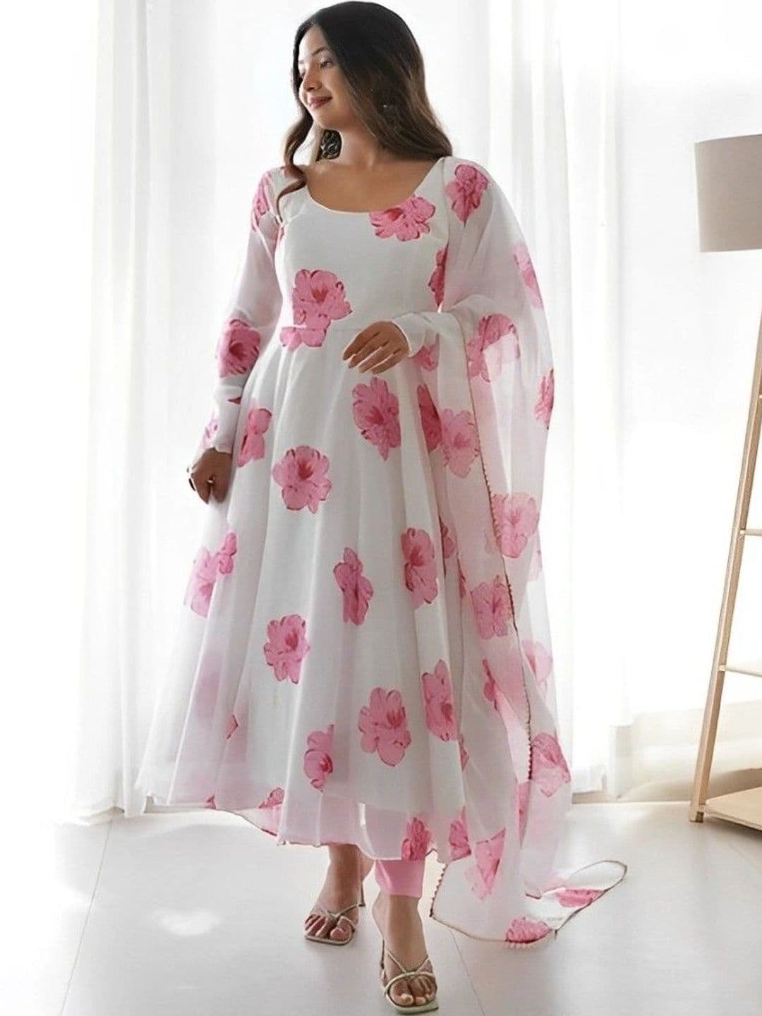 JS CREATIVE Floral Print Georgette A-Line Maxi Dress thumbnail 6