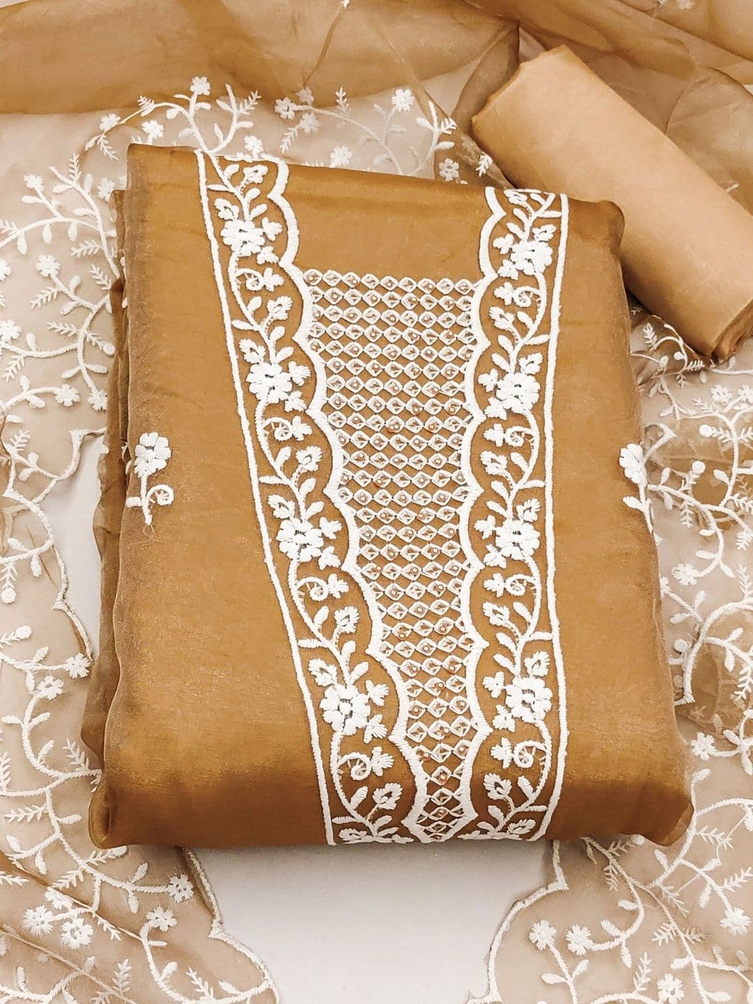 HERE&NOW Embroidered Organza Semi-Stitched Dress Material - view 1