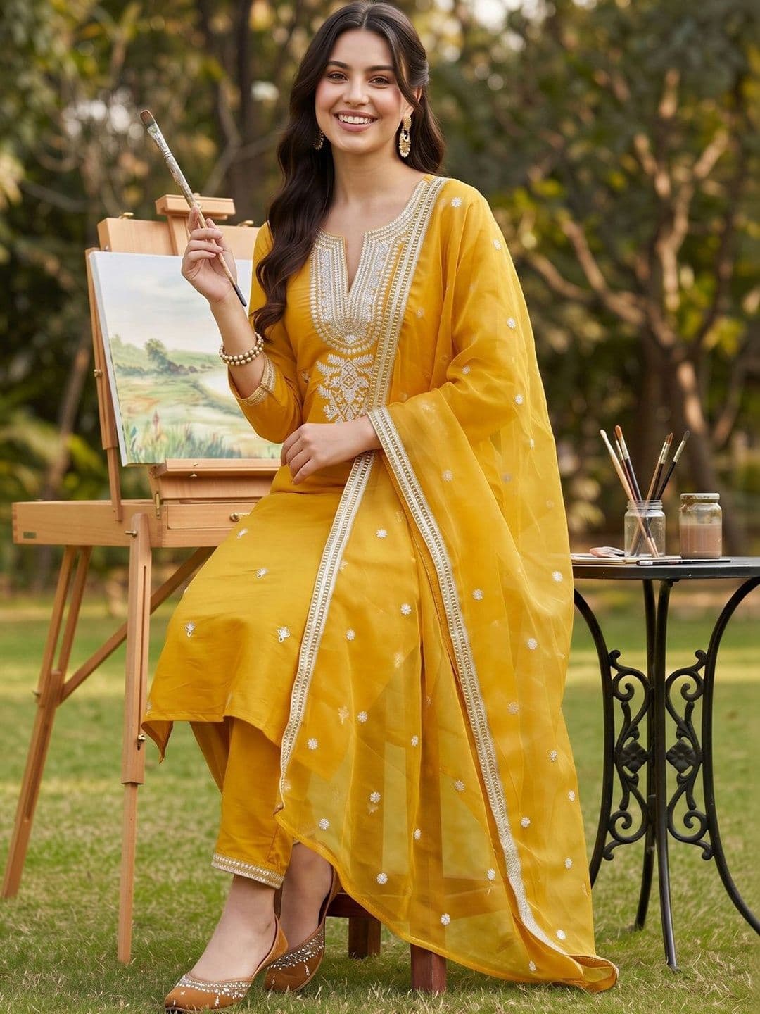 Indo Era Women Ethnic Motifs Embroidered Regular Thread Work Kurta with Trousers & With Dupatta - view 1