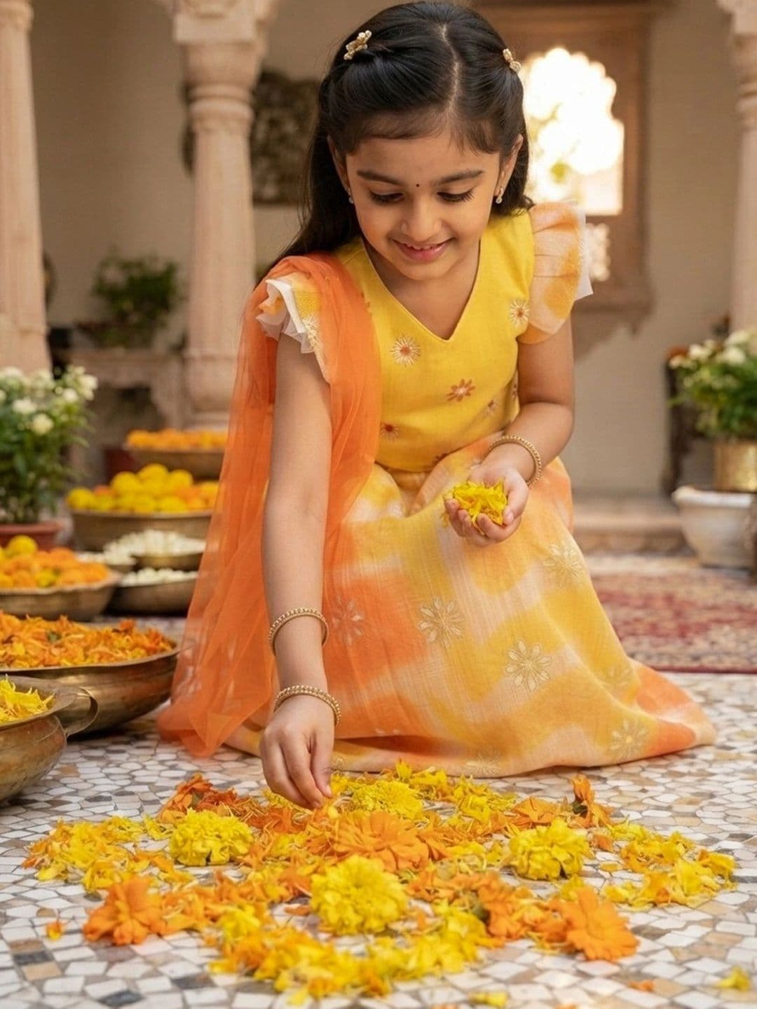 Here&Now X Kinder Kids Girls Embroidered layered Ready to Wear Lehenga & Blouse With Dupatta thumbnail 3