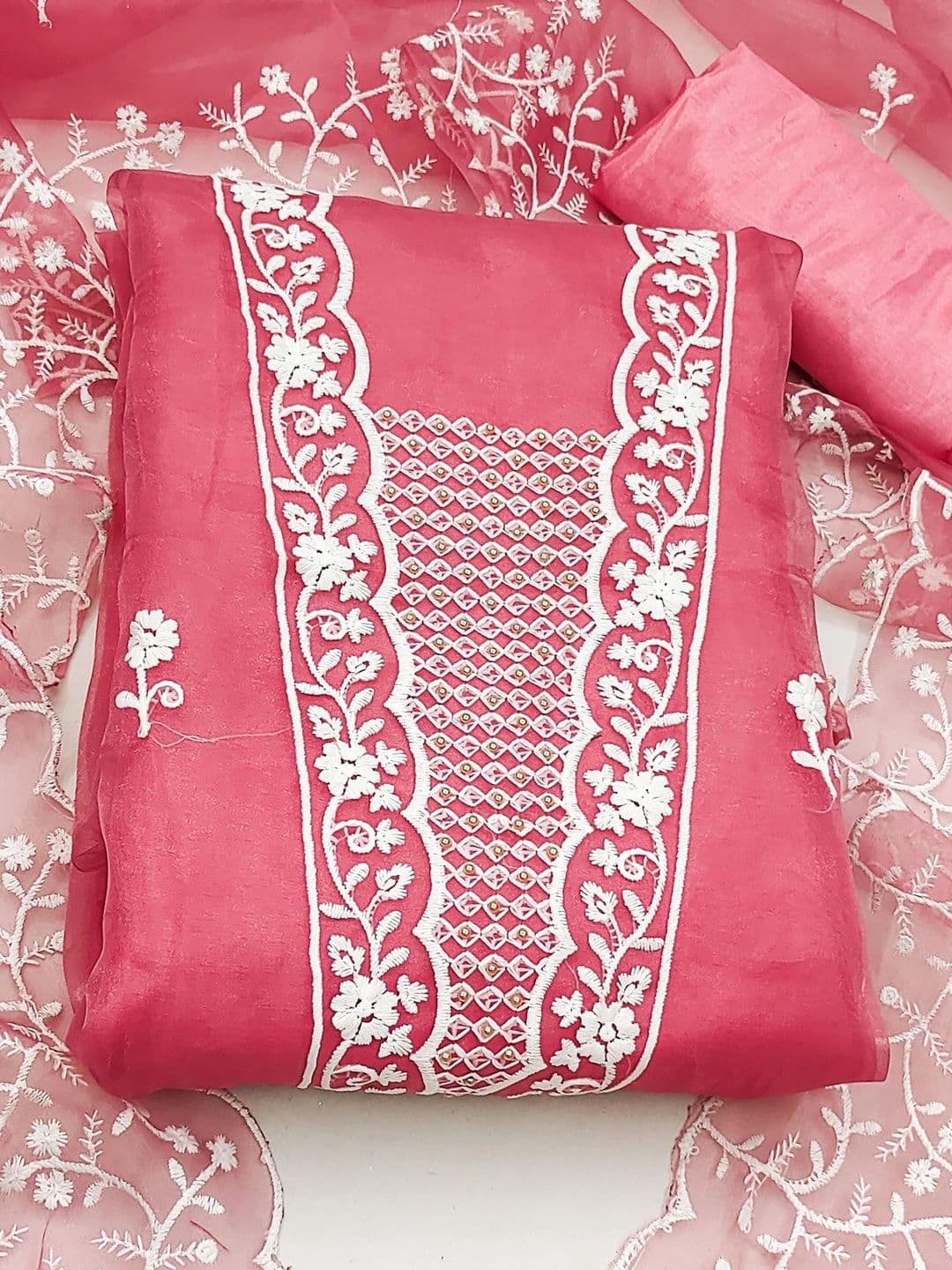 HERE&NOW Embroidered Organza Semi-Stitched Dress Material - view 1