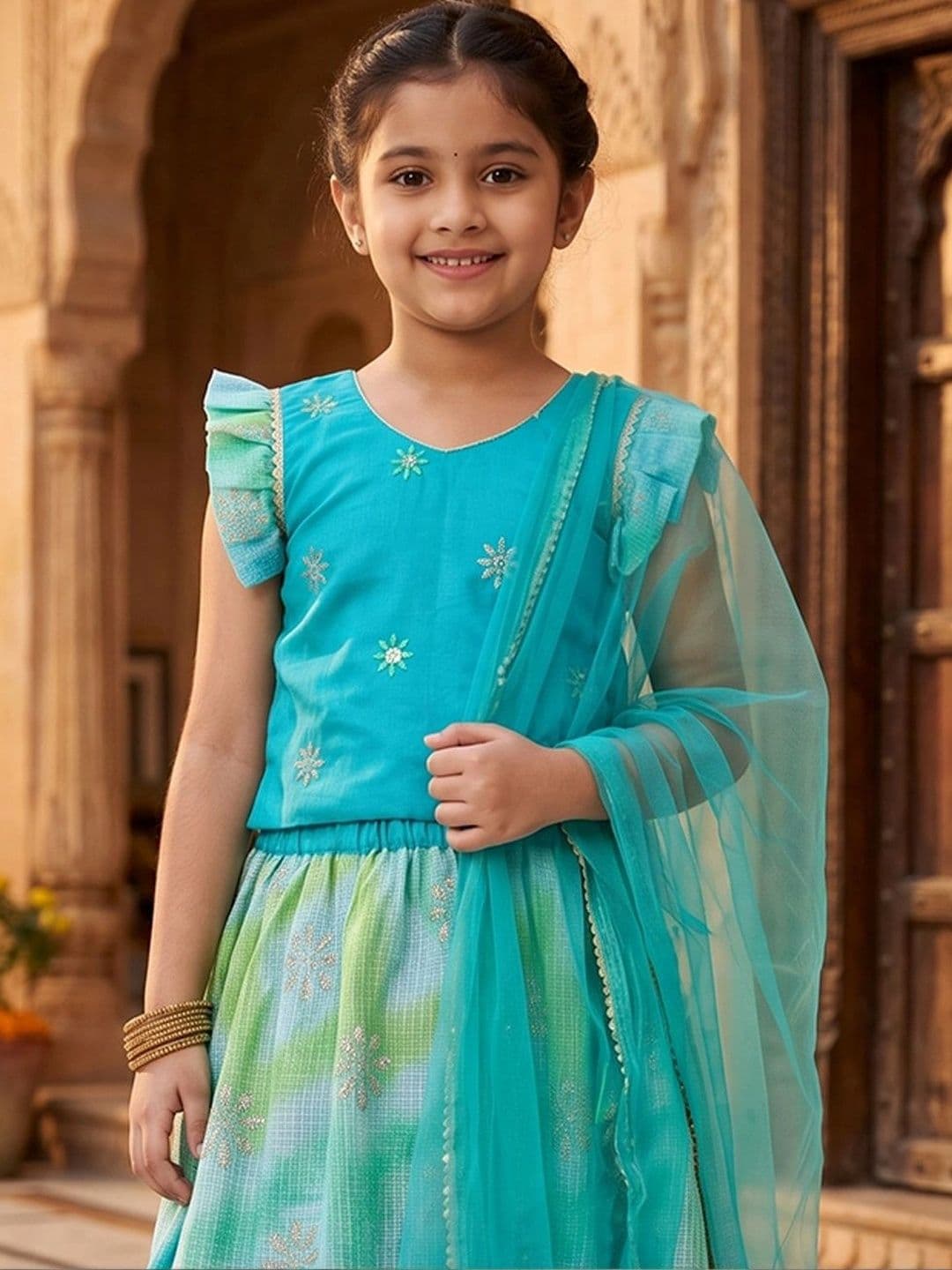 Here&Now X Kinder Kids Girls Embroidered Ready to Wear Lehenga & Blouse With Dupatta thumbnail 4