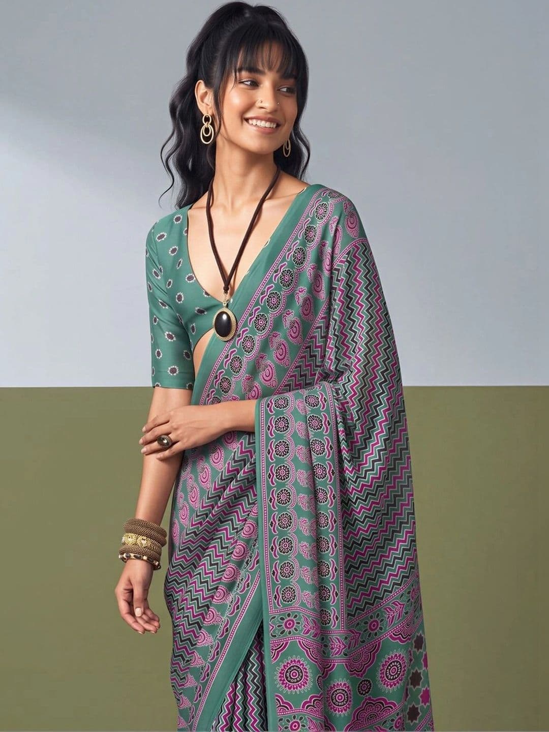 KALINI Floral Satin Designer Block Print Saree thumbnail 6