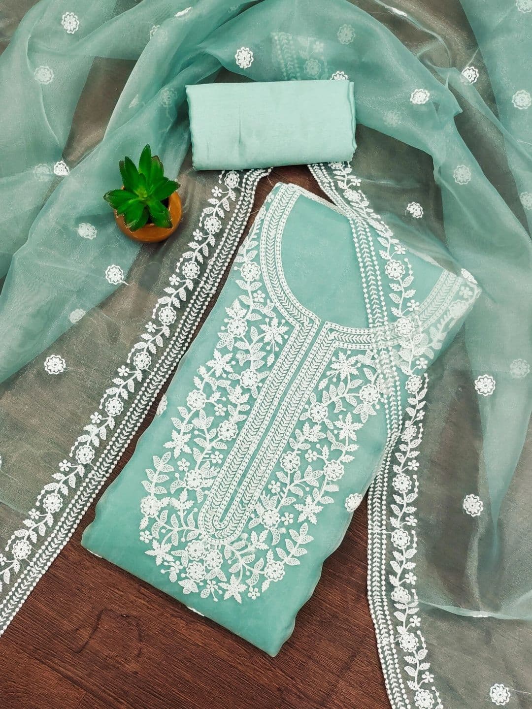 HERE&NOW Embroidered Organza Semi-Stitched Dress Material thumbnail 2