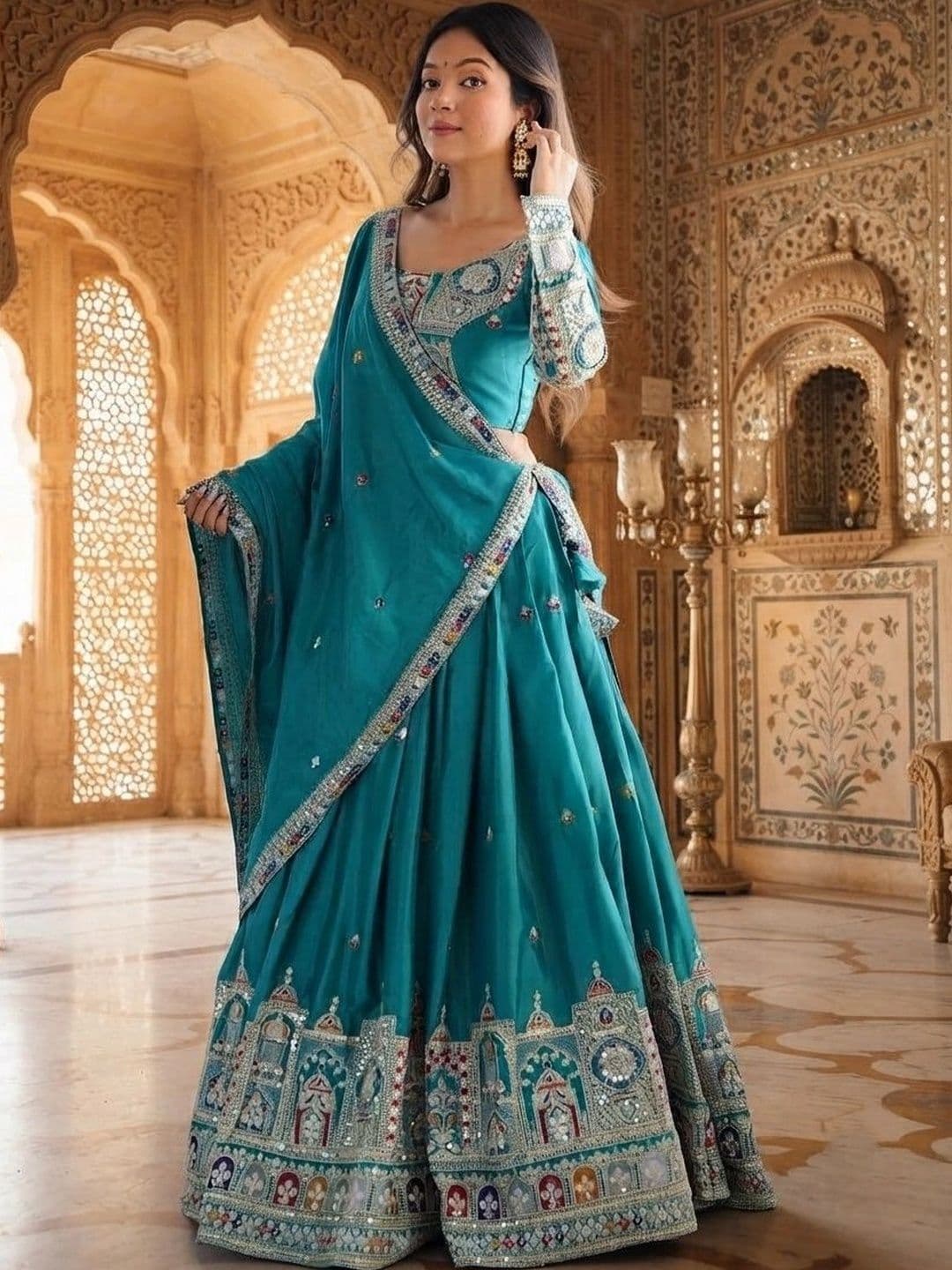 Anouk Embellished Mirror Work Semi-Stitched Lehenga & Blouse With Dupatta - view 1