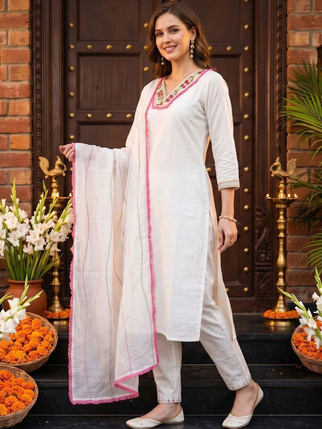 Indo Era Women Ethnic Motifs Embroidered Regular Thread Work Kurta with Trousers & With Dupatta thumbnail 2