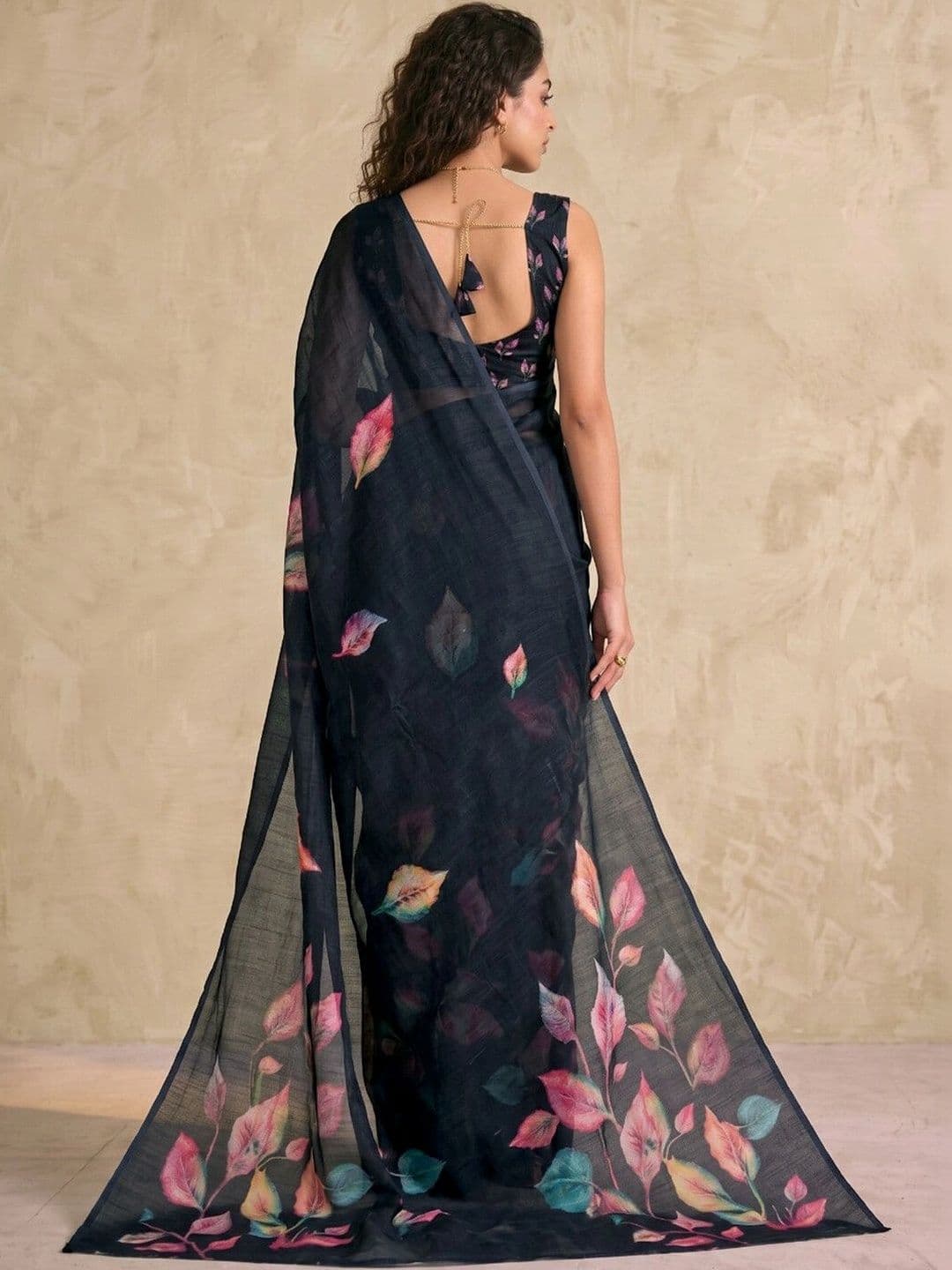 SAARA Printed Black Linen Ready to wear saree With Unstiched Blouse thumbnail 6