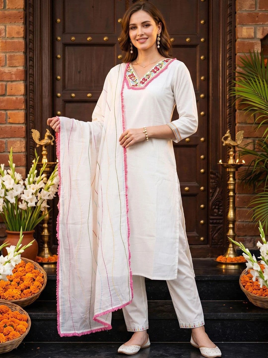 Indo Era Women Ethnic Motifs Embroidered Regular Thread Work Kurta with Trousers & With Dupatta - view 1