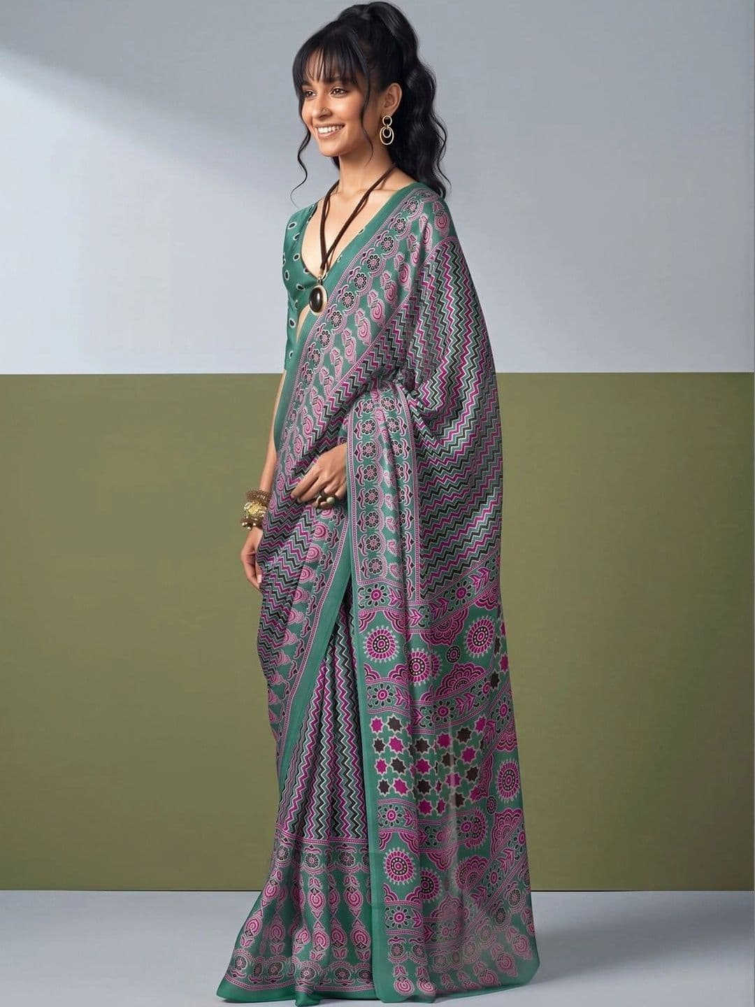 KALINI Floral Satin Designer Block Print Saree thumbnail 7