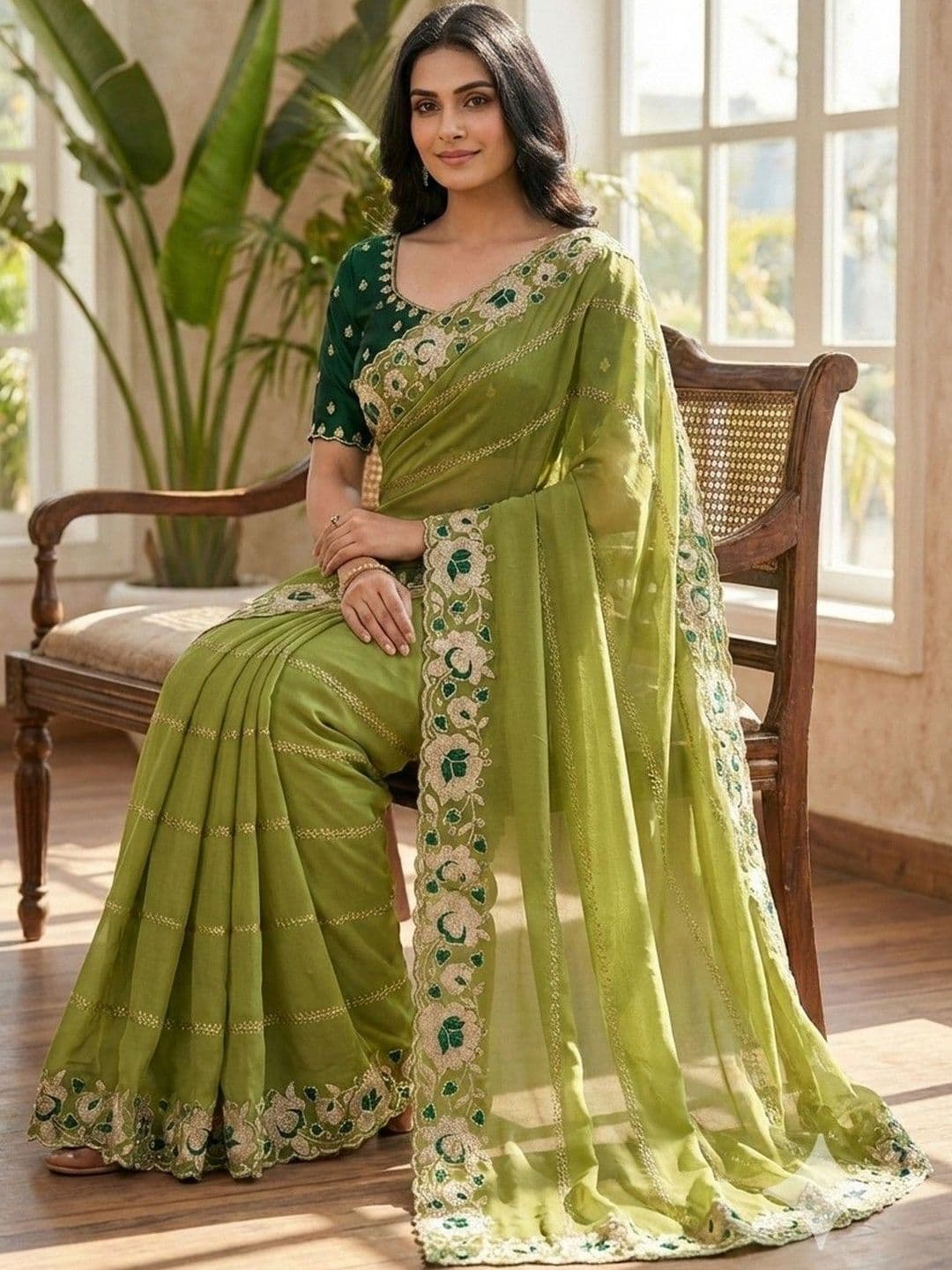 Sangria Embellished Embroidered Pure Georgette Heavy Work Saree thumbnail 6
