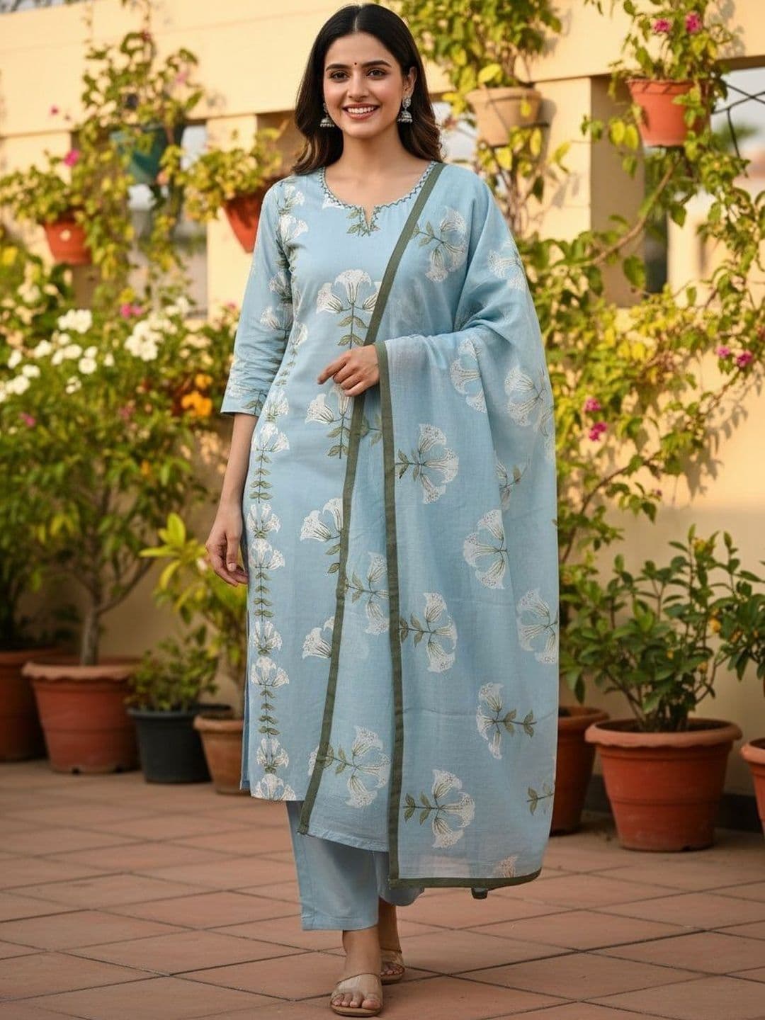 Gopi Prem Women Floral Printed Regular Thread Work Pure Cotton Kurta with Trousers & With Dupatta thumbnail 4