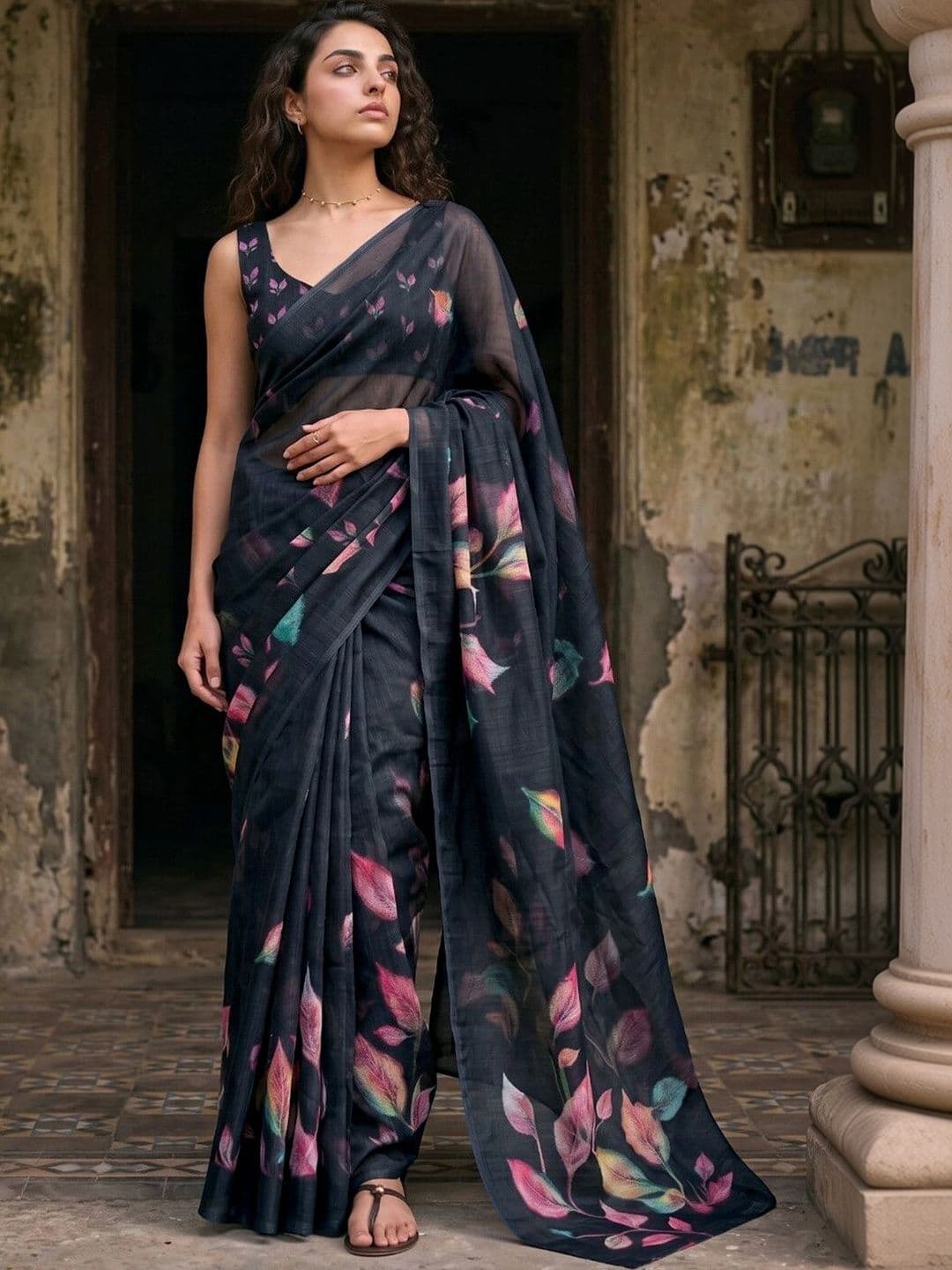 SAARA Printed Black Linen Ready to wear saree With Unstiched Blouse - view 1