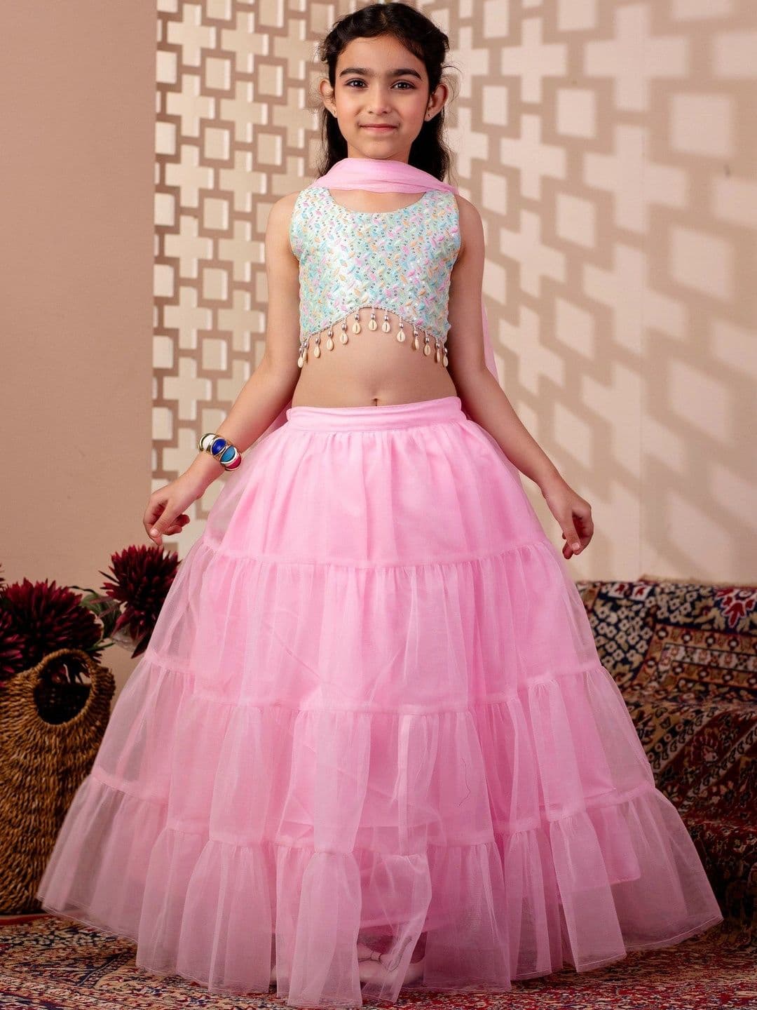 YK Girls Embellished Sequinned Ready to Wear Lehenga & Blouse With Dupatta thumbnail 6