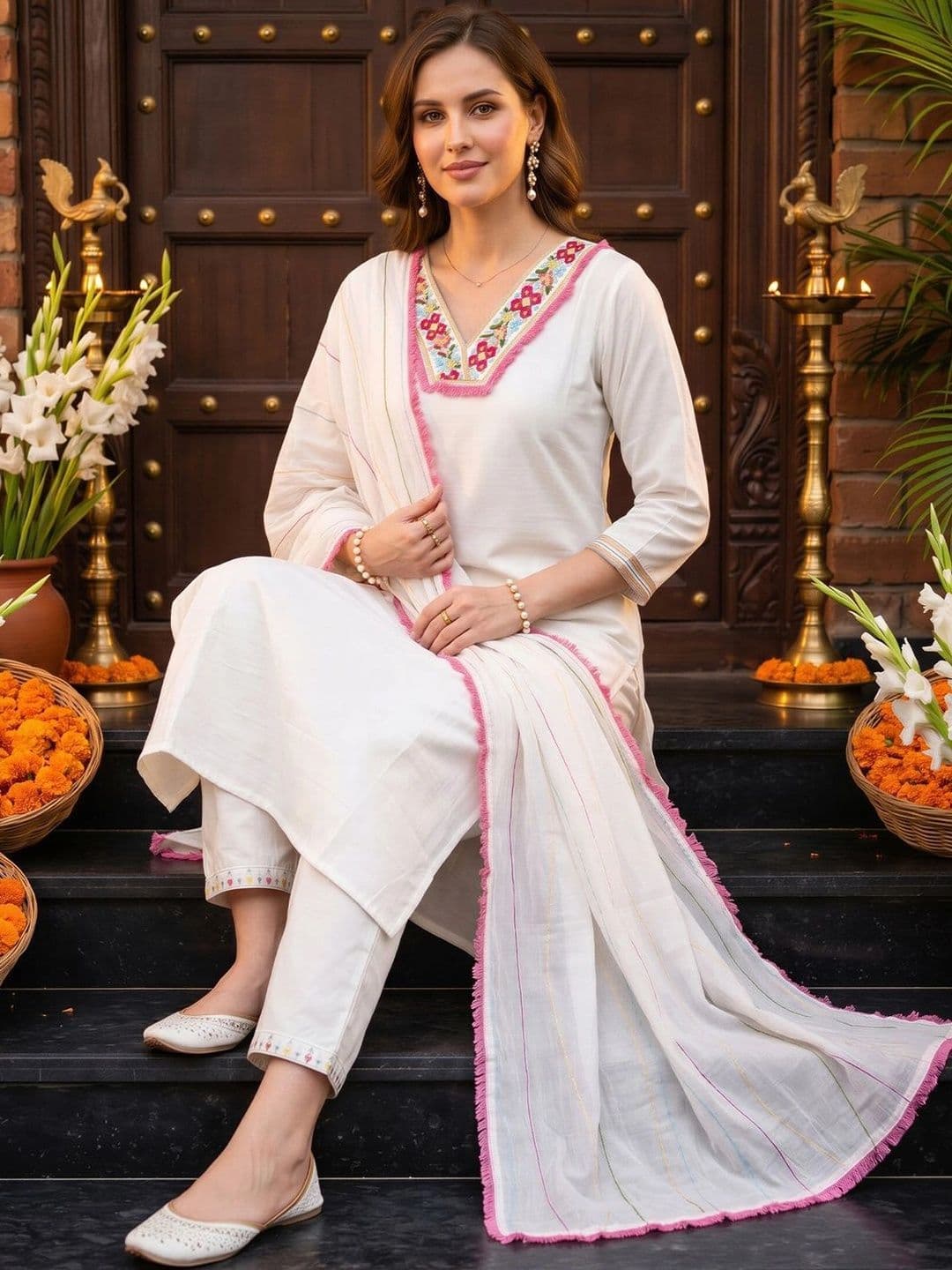 Indo Era Women Ethnic Motifs Embroidered Regular Thread Work Kurta with Trousers & With Dupatta thumbnail 5