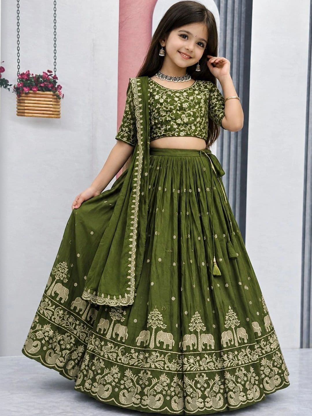 DEVANGI VASTRA Girls Embroidered Thread Work Ready to Wear Lehenga & Unstitched Blouse With Dupatta - view 1