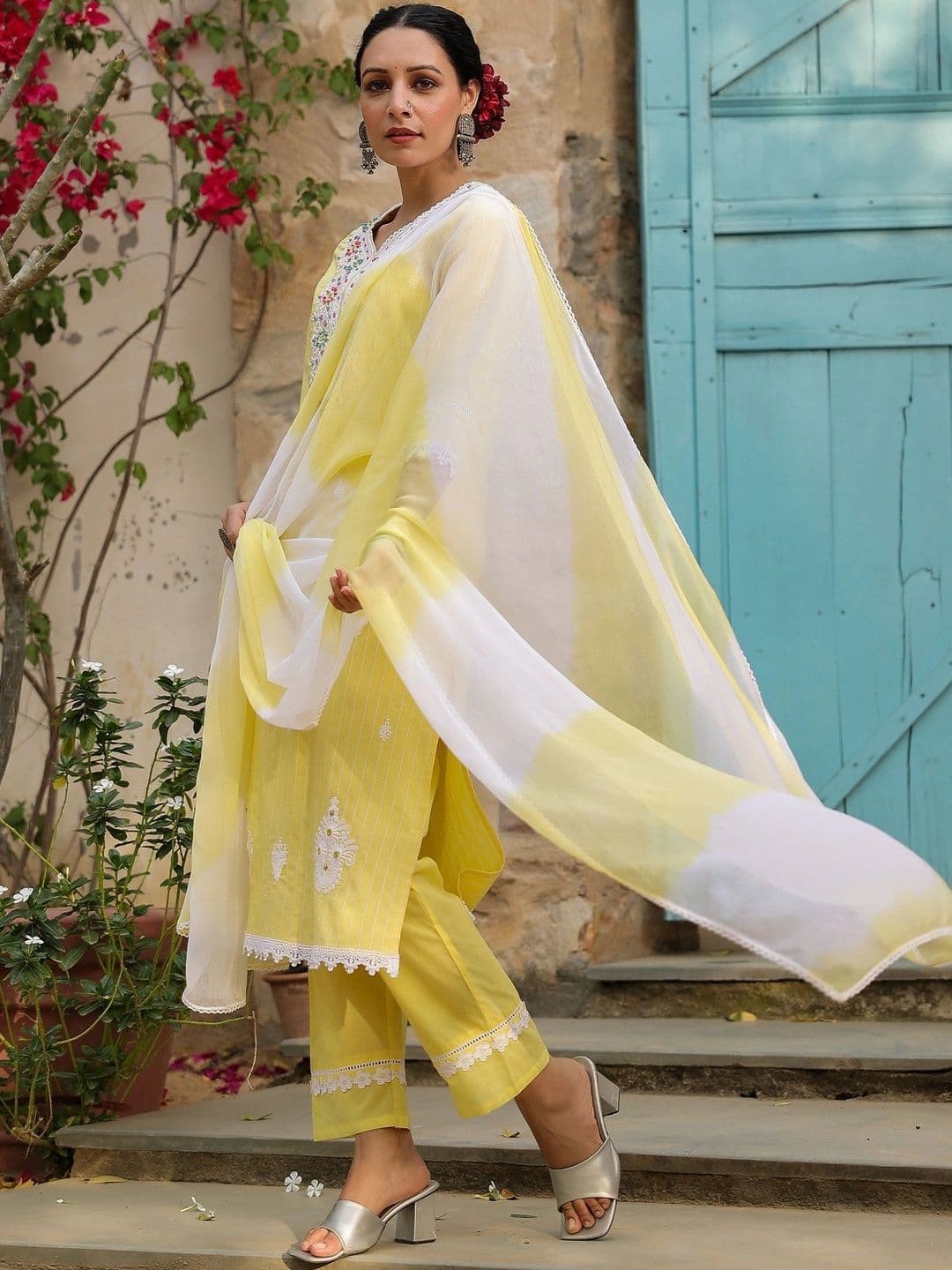 Bairaas Women Embroidered Pure Cotton Kurta with Trousers And Dupatta thumbnail 4