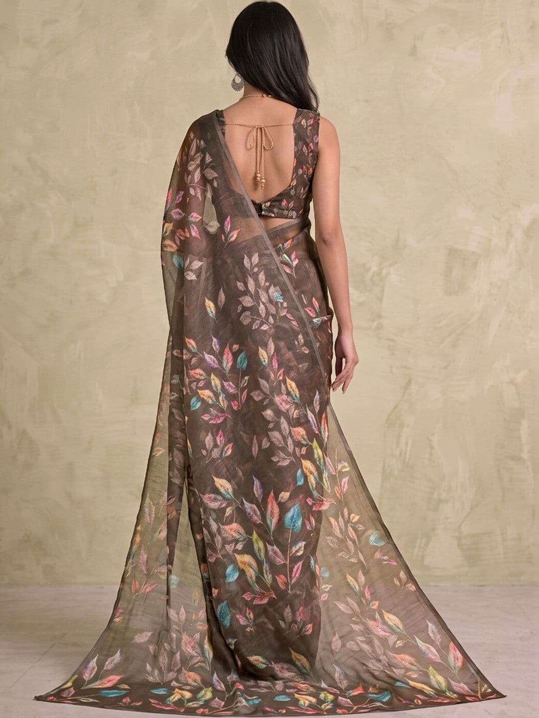 SAARA Printed Dark Olive Green Linen Ready to wear saree With Unstiched Blouse thumbnail 3