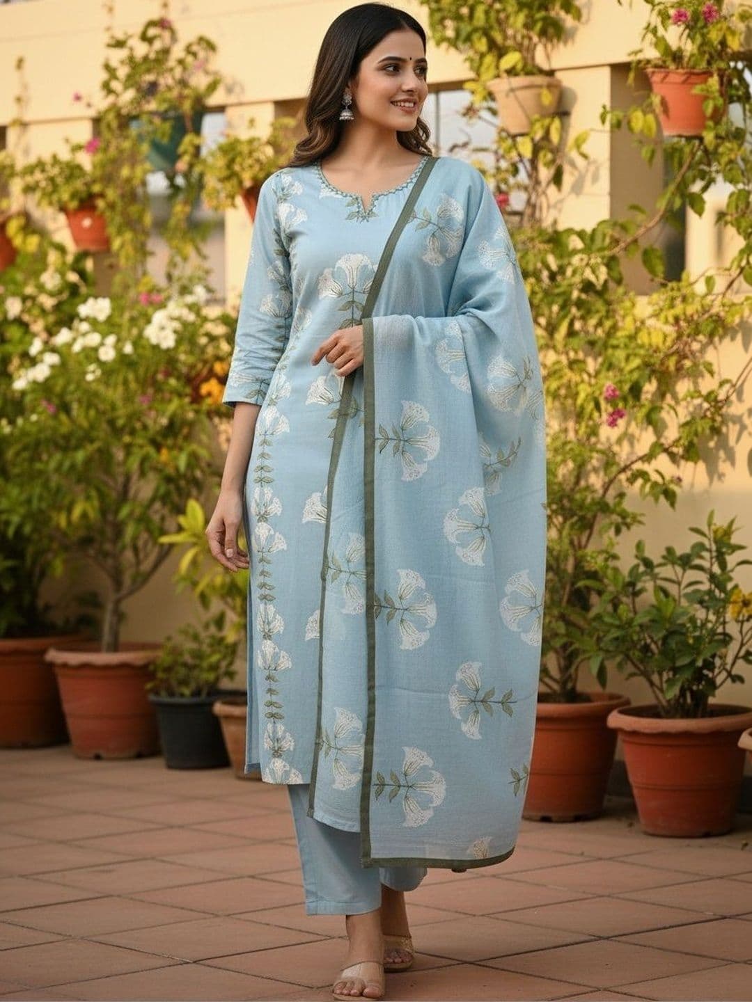 Gopi Prem Women Floral Printed Regular Thread Work Pure Cotton Kurta with Trousers & With Dupatta thumbnail 2