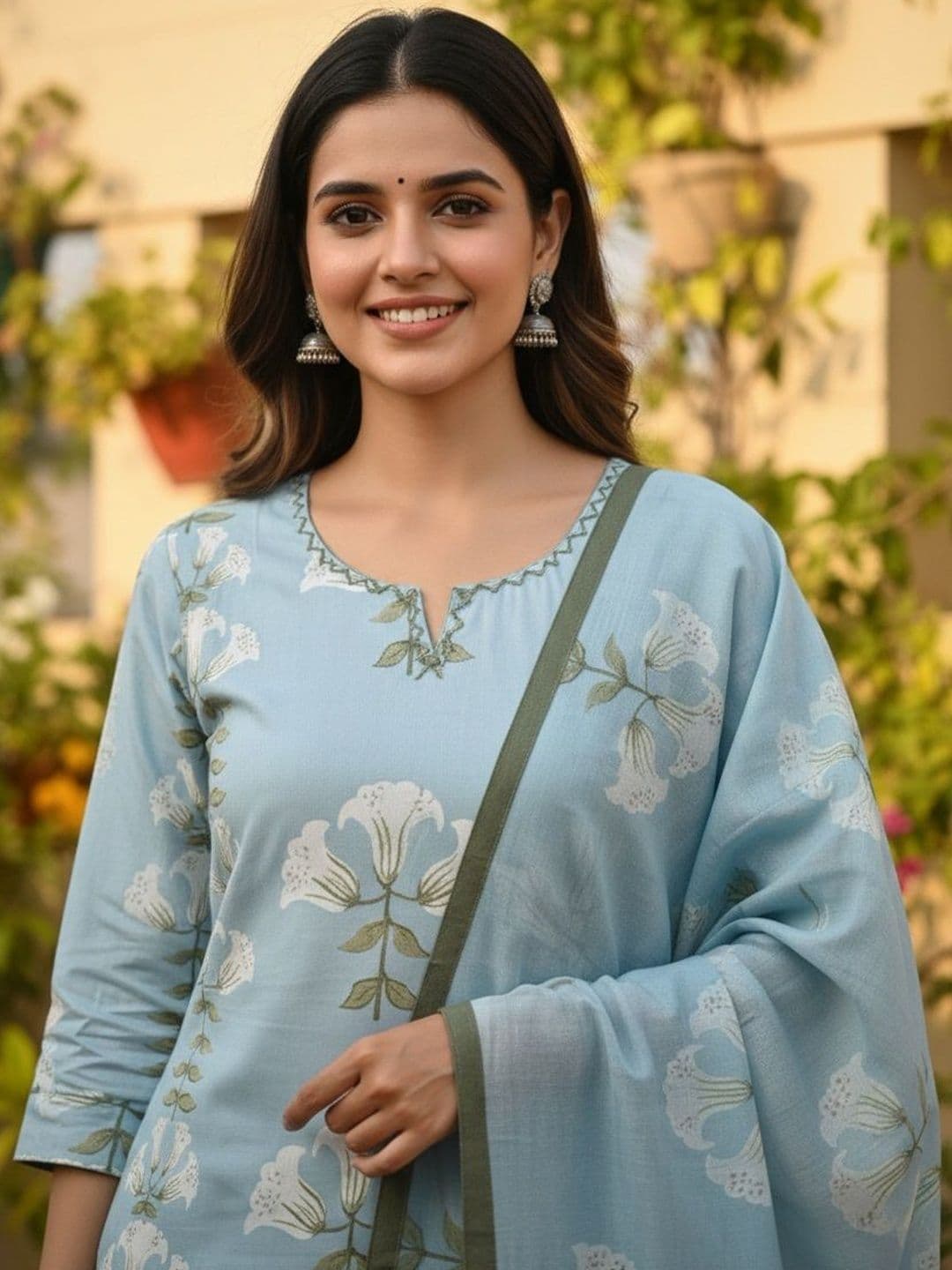 Gopi Prem Women Floral Printed Regular Thread Work Pure Cotton Kurta with Trousers & With Dupatta thumbnail 5