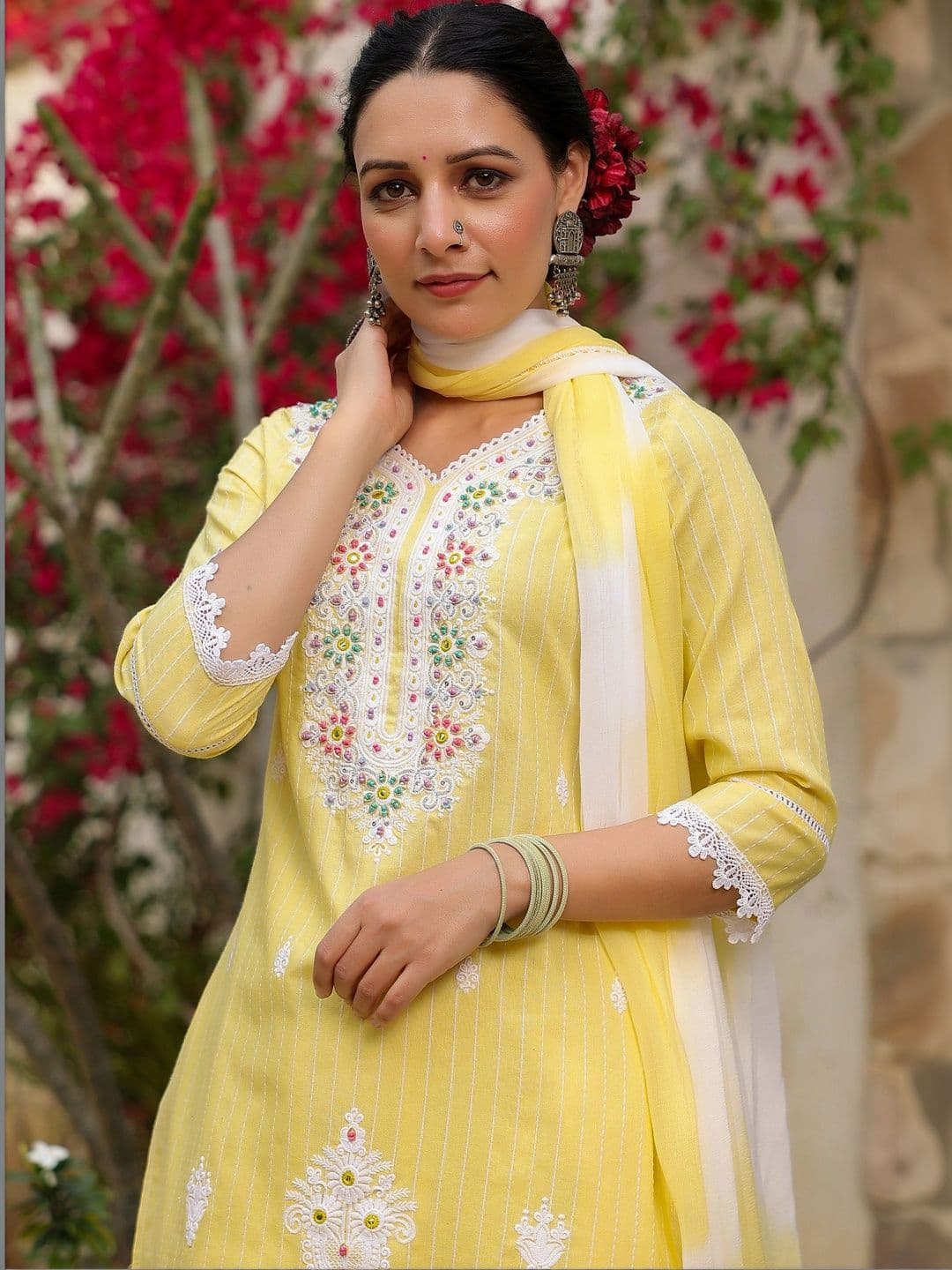 Bairaas Women Embroidered Pure Cotton Kurta with Trousers And Dupatta thumbnail 3