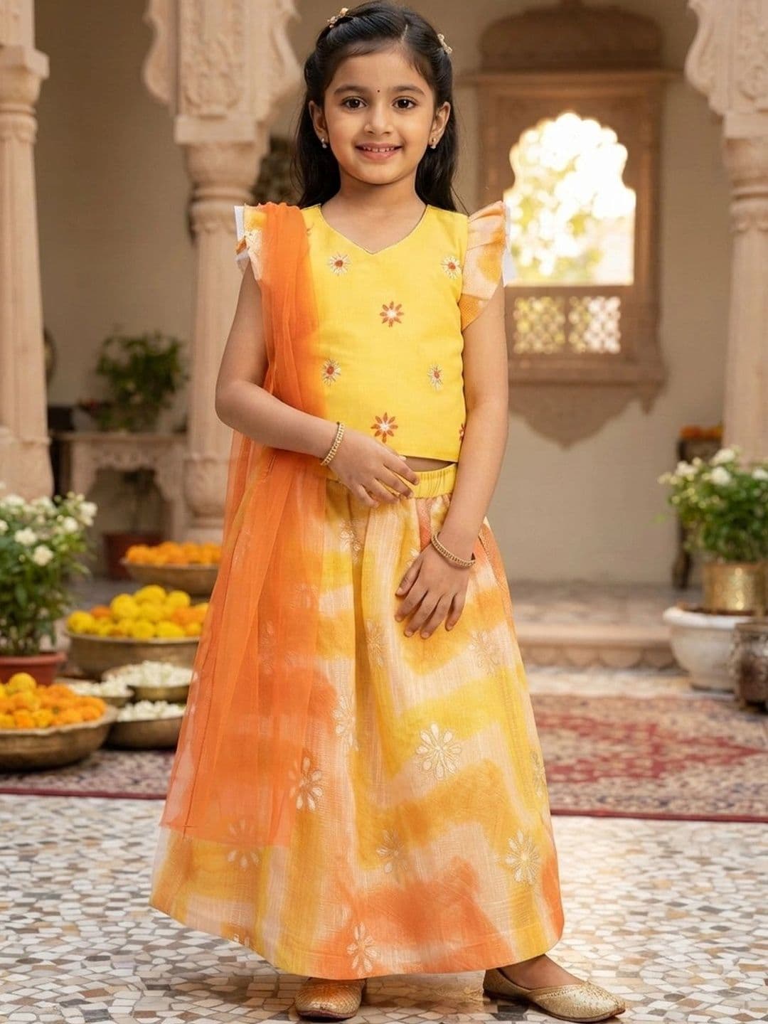 Here&Now X Kinder Kids Girls Yellow & Orange Embroidered Ready to Wear Lehenga & Blouse With Dupatta - view 1