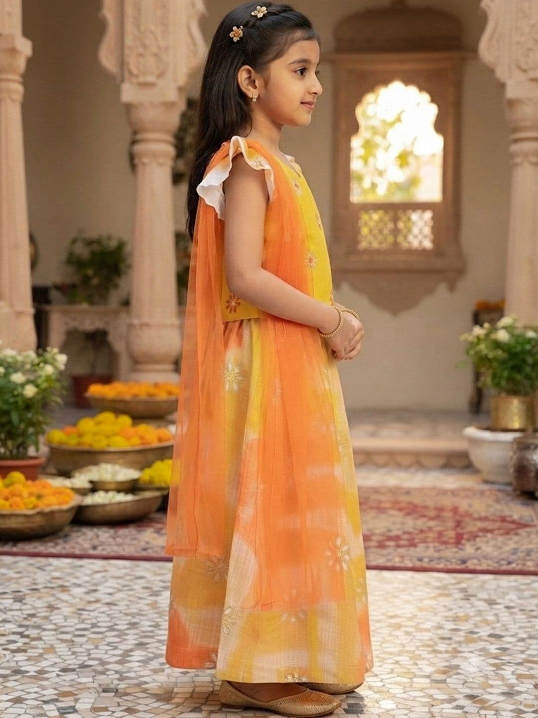 Here&Now X Kinder Kids Girls Yellow & Orange Embroidered Ready to Wear Lehenga & Blouse With Dupatta thumbnail 2