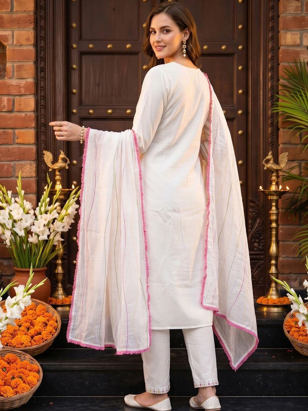 Indo Era Women Ethnic Motifs Embroidered Regular Thread Work Kurta with Trousers & With Dupatta thumbnail 4