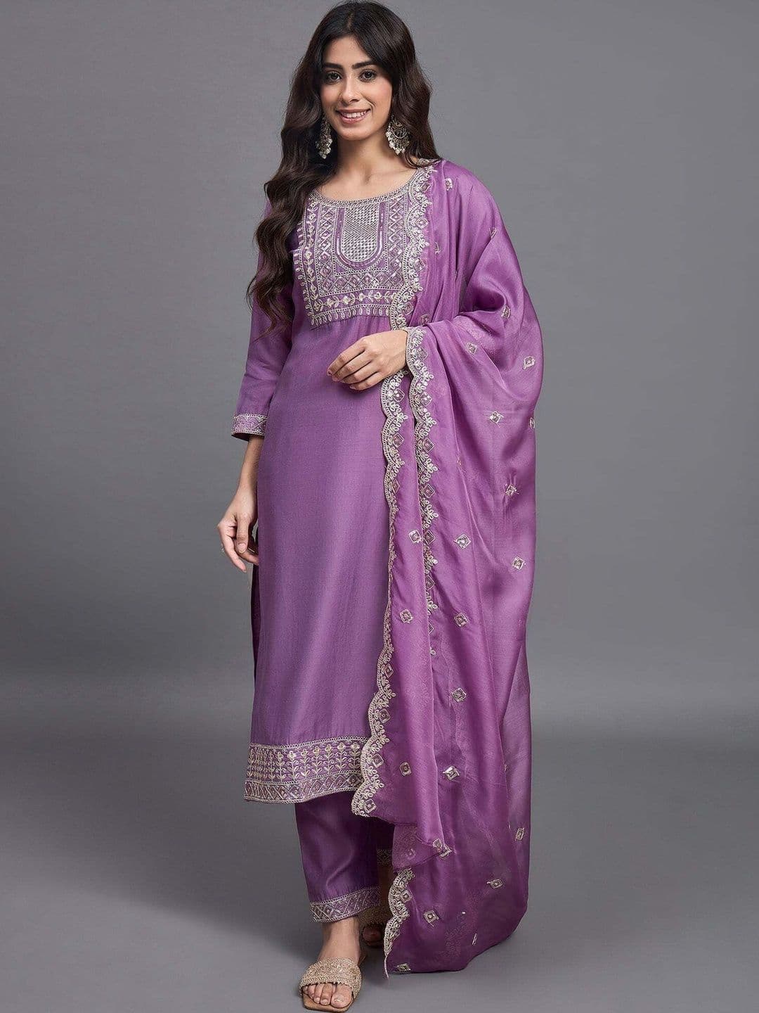 Shree Ramkrishna Fab Women Ethnic Motifs Embroidered Regular Kurta with Trousers & With Dupatta thumbnail 2
